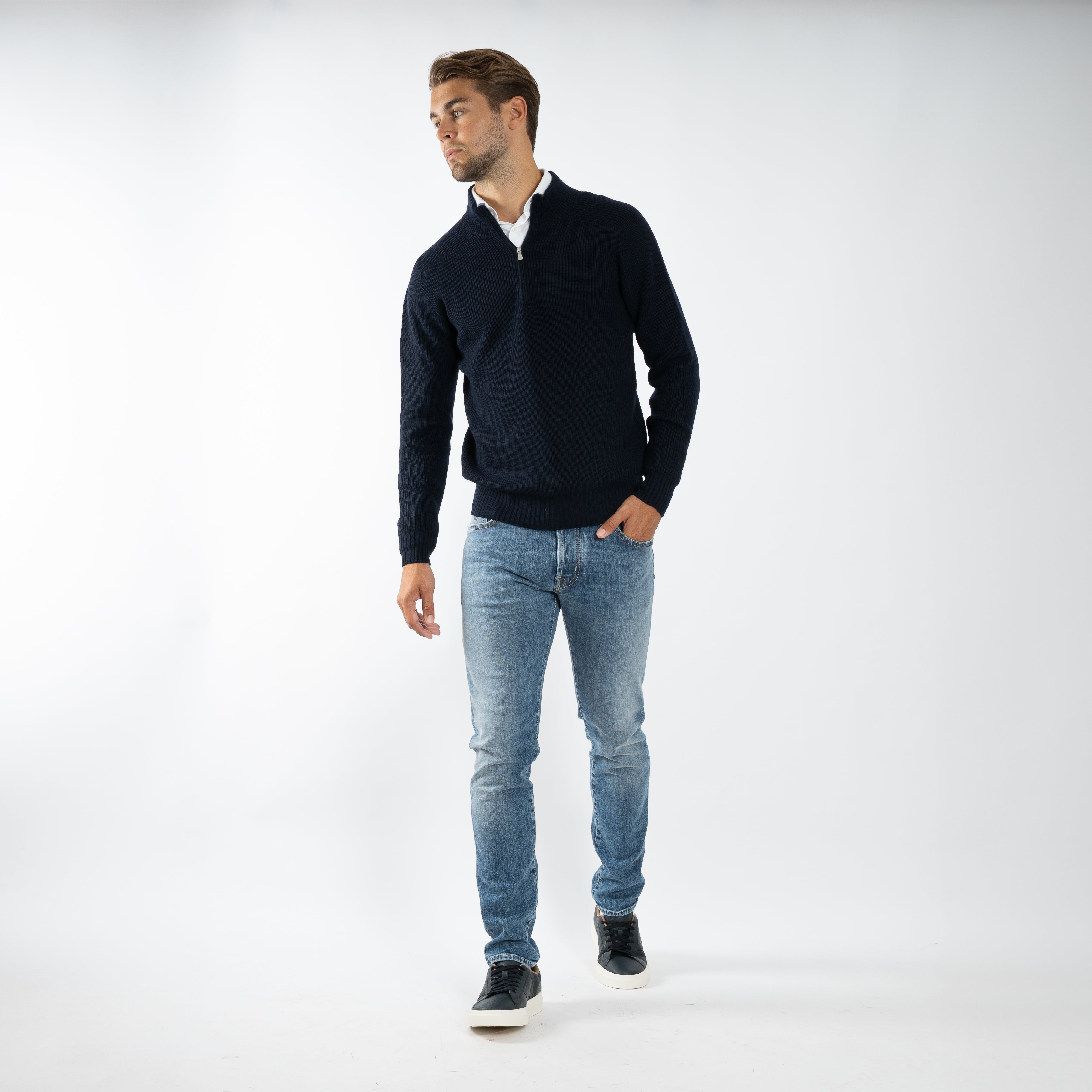 Gran Sasso Gebreide Trui met Rits Donkerblauw | Cashmere Blend