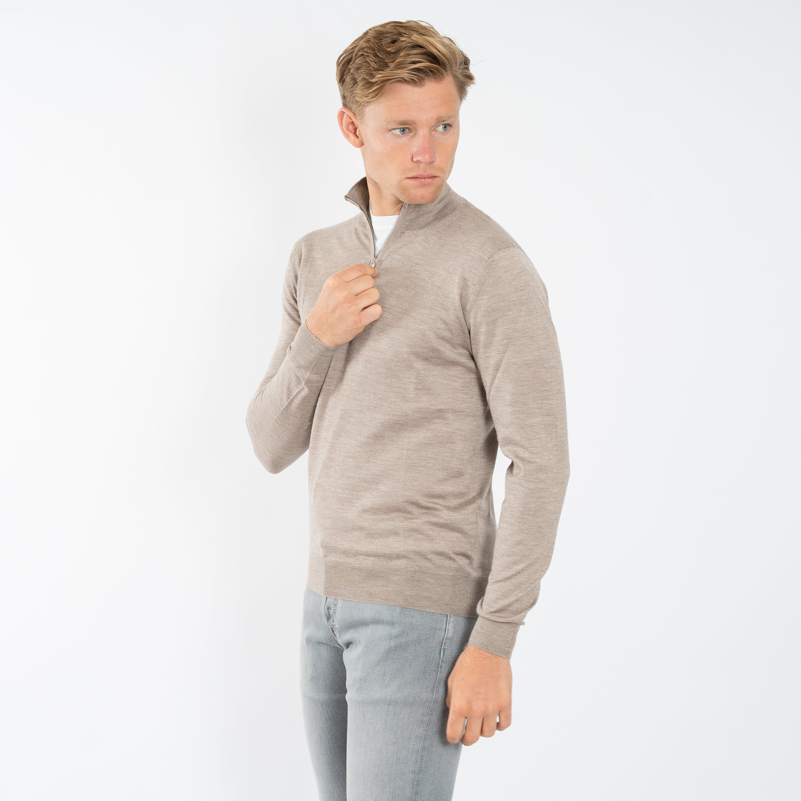 Fedeli Gebreide Half-Zip Trui Beige | Favonio