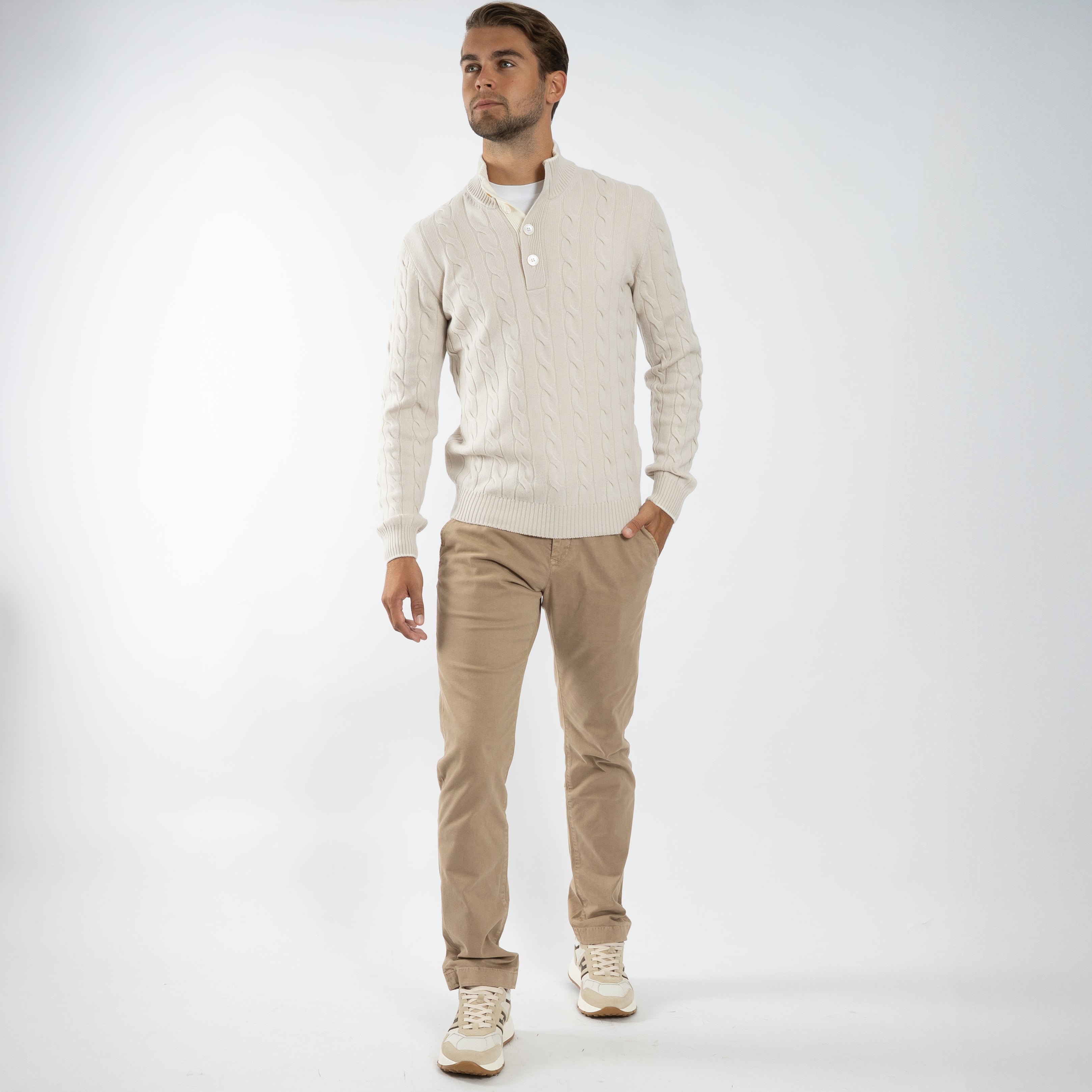 Gran Sasso Gebreide Trui met Knopenlijst Beige | Cashmere Lana