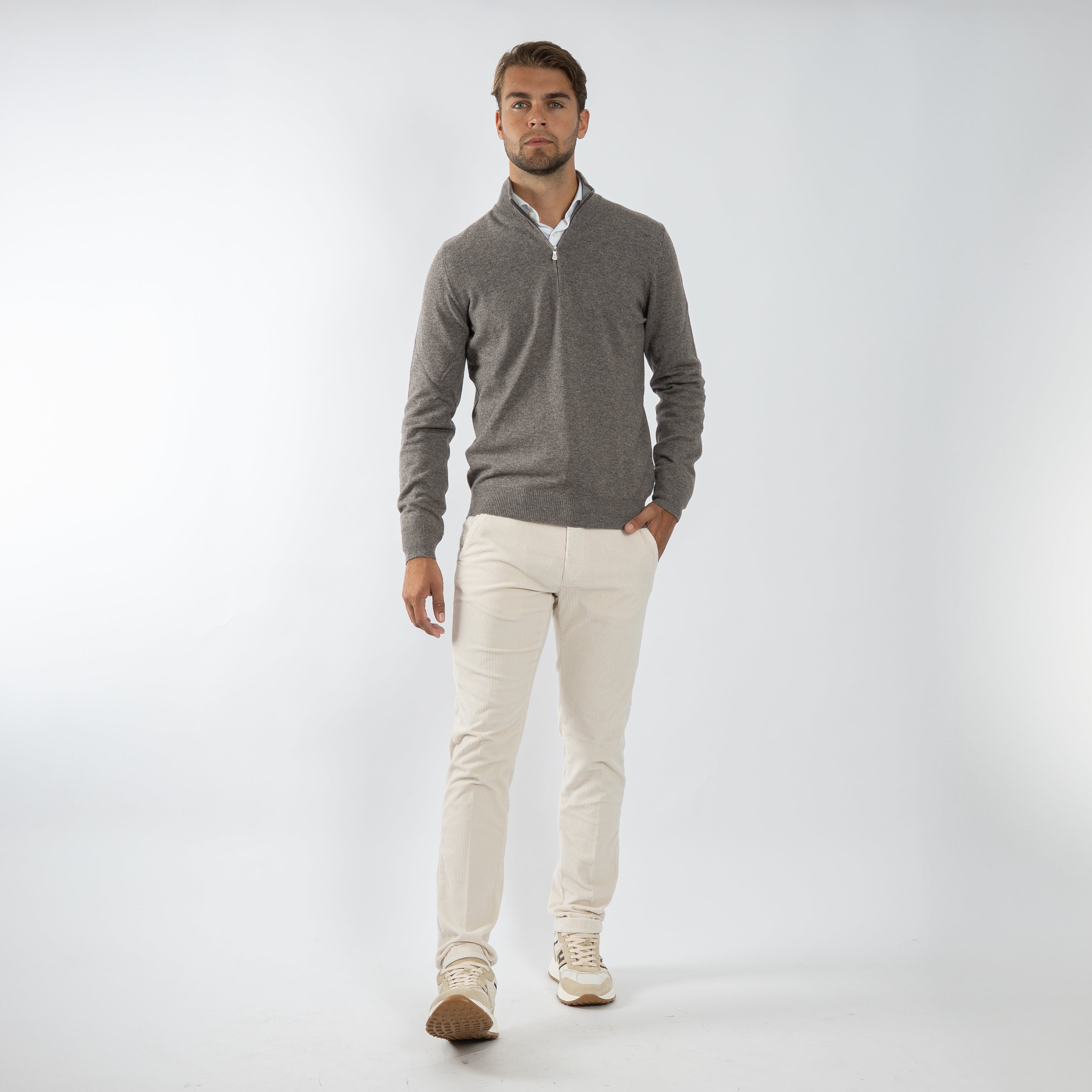 Gran Sasso Gebreide Trui met Rits Taupe | Cashmere Lana
