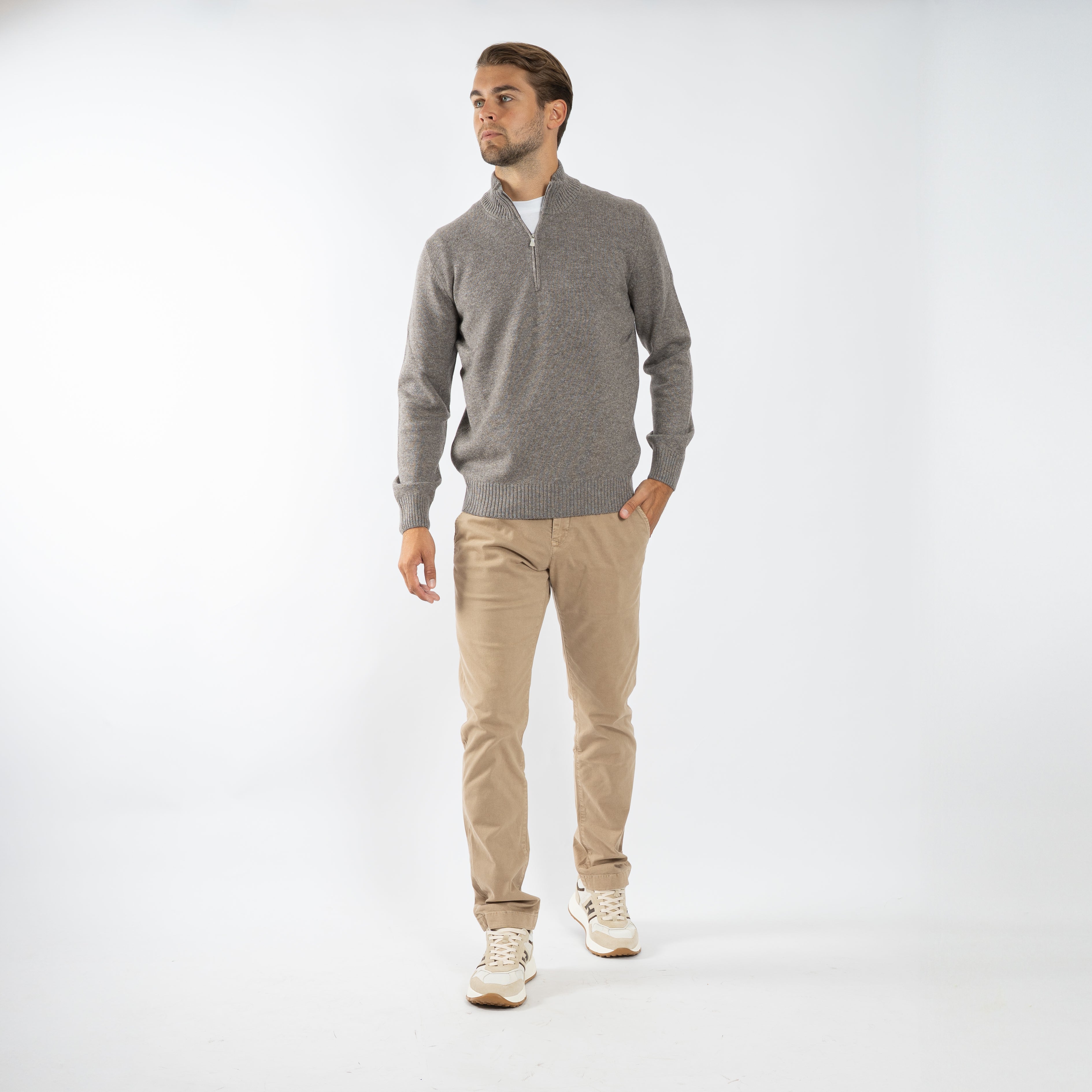 Gran Sasso Gebreide Trui met Rits Taupe | Cashmere Blend