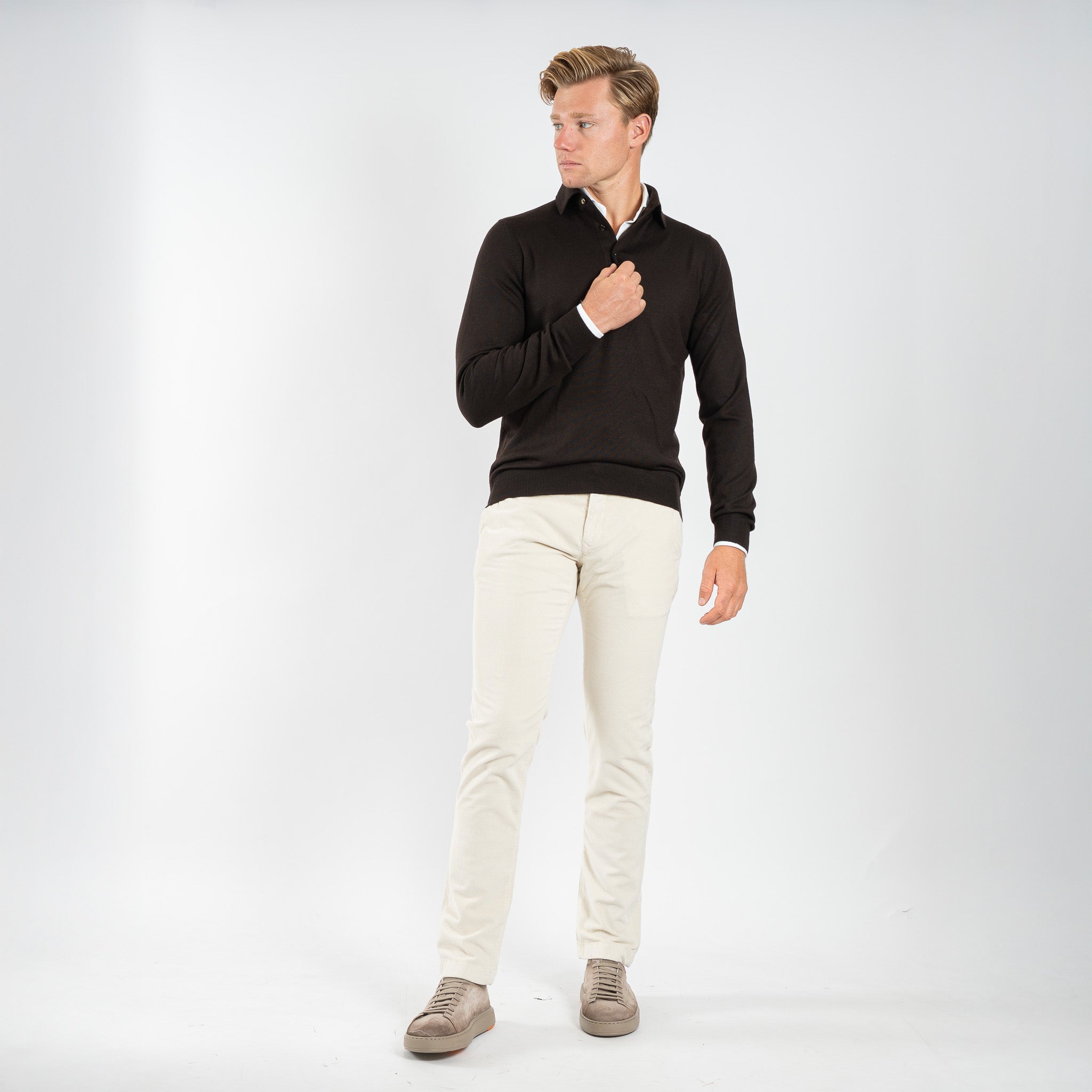 Gran Sasso Gebreide Polo Lange Mouw Donkerbruin | Extrafine Merino