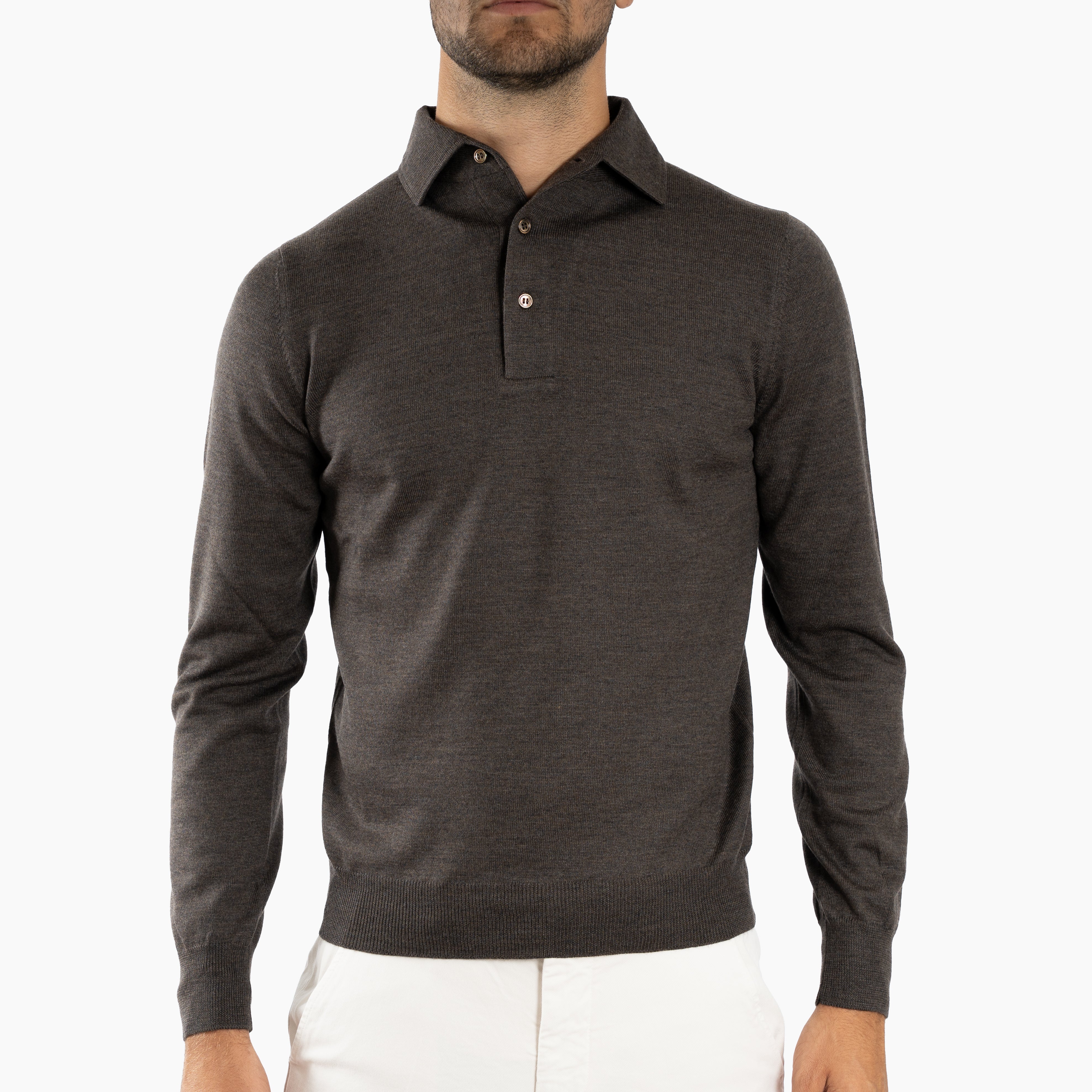 Gran Sasso Gebreide Polo Lange Mouw Bruin | Extrafine Merino
