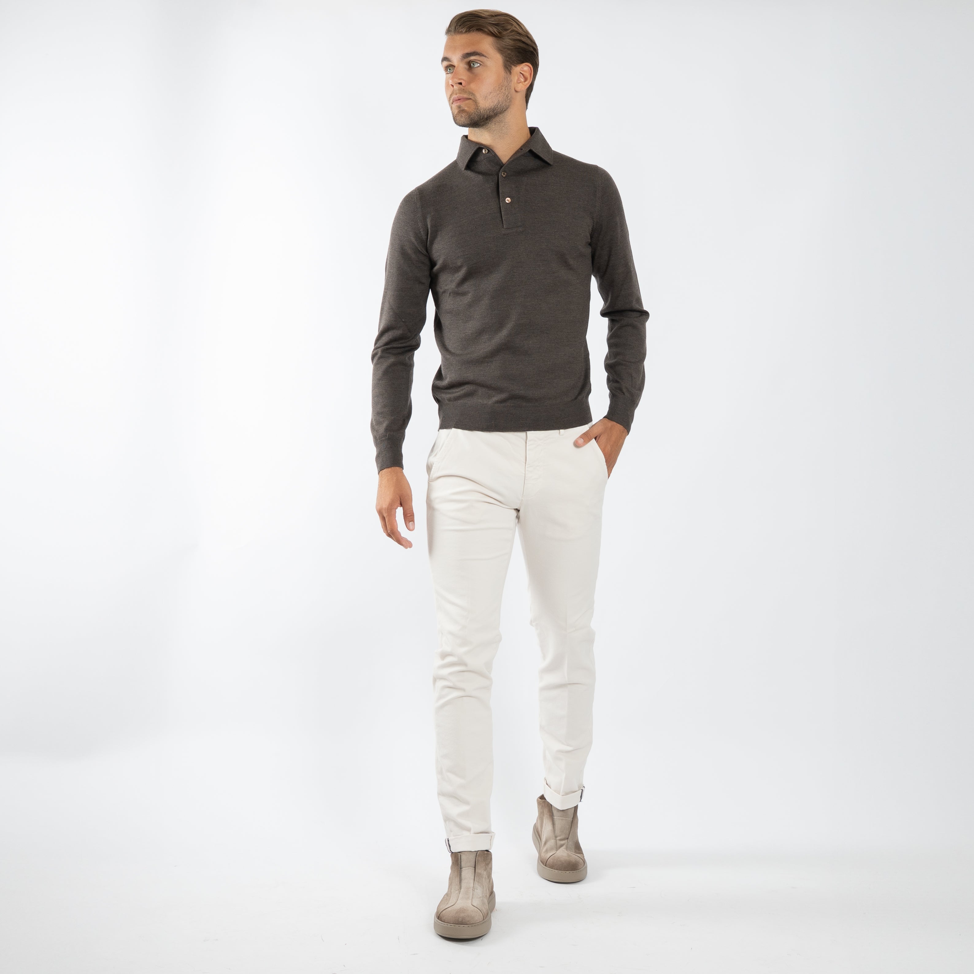 Gran Sasso Gebreide Polo Lange Mouw Bruin | Extrafine Merino