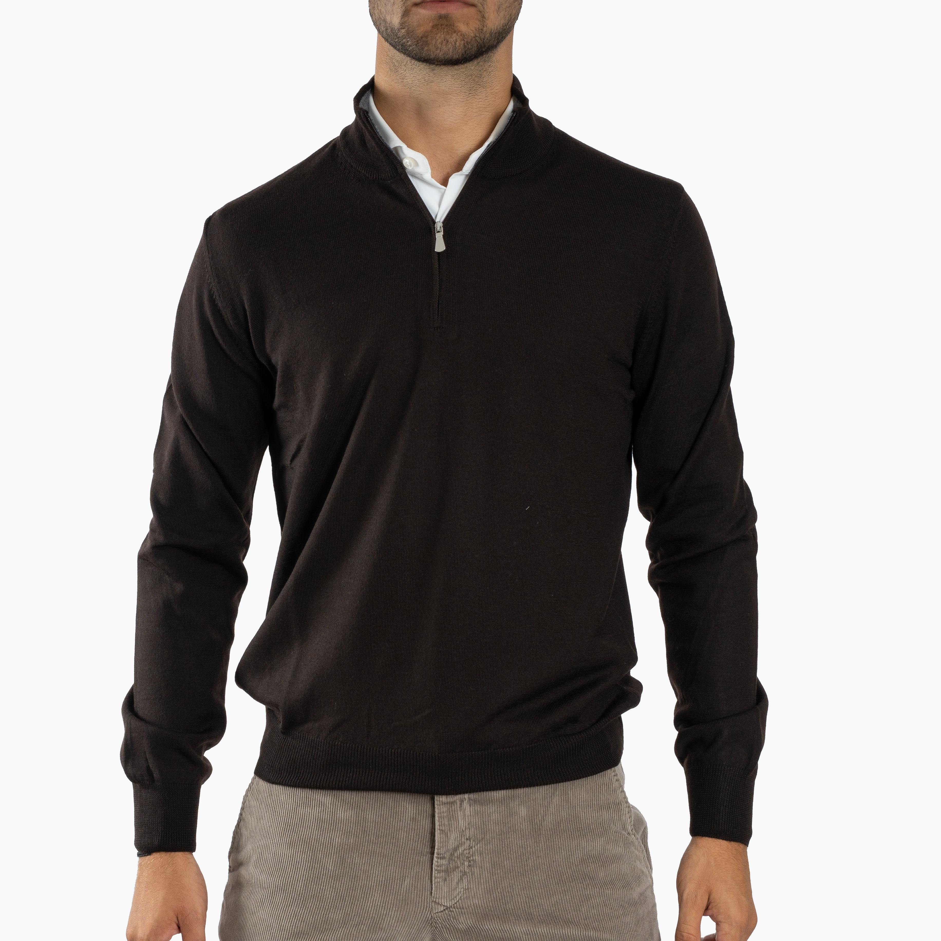 Gran Sasso Gebreide Trui met Rits Bruin | Extrafine Merino