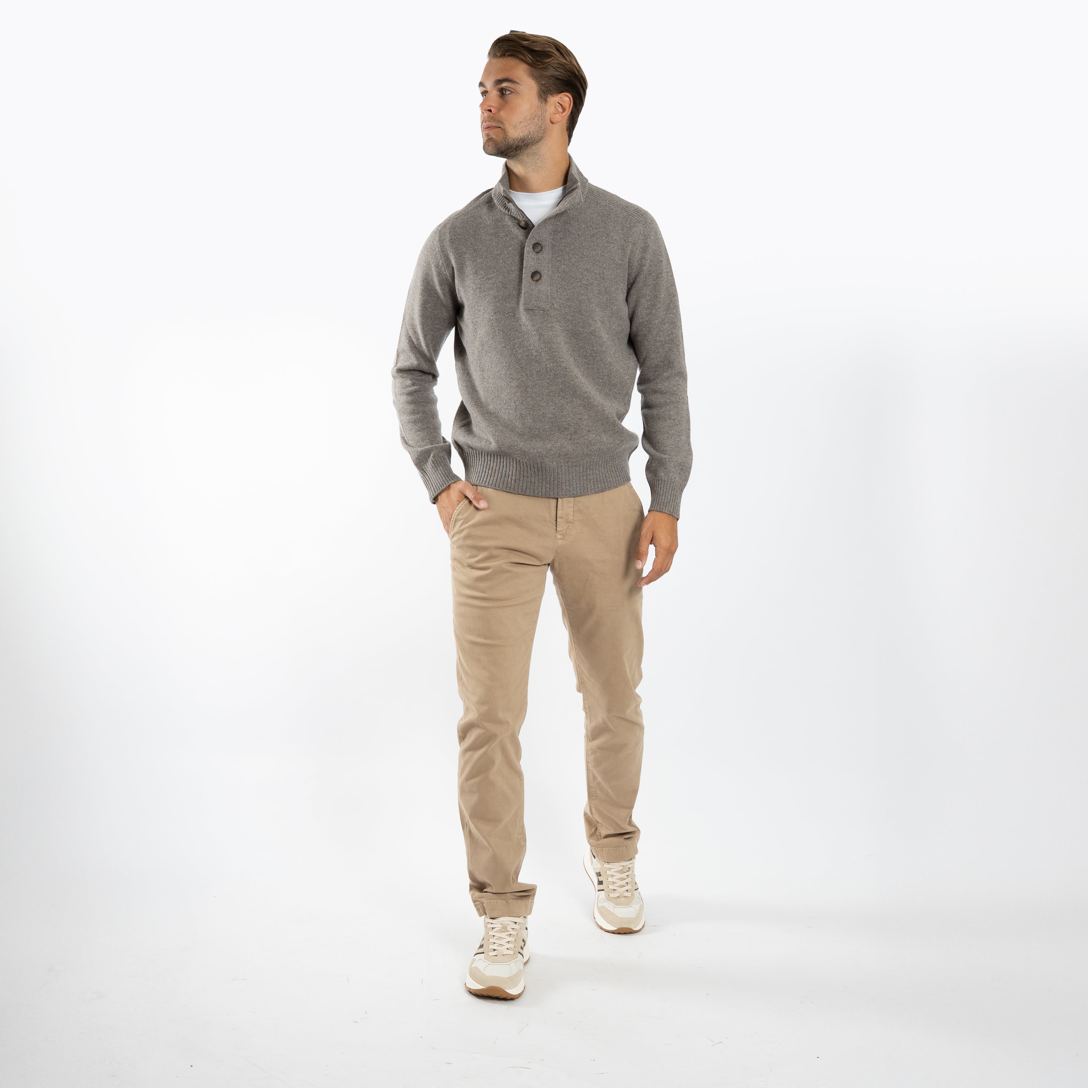 Gran Sasso Gebreide Trui met Knopenlijst Taupe | Super Geelong