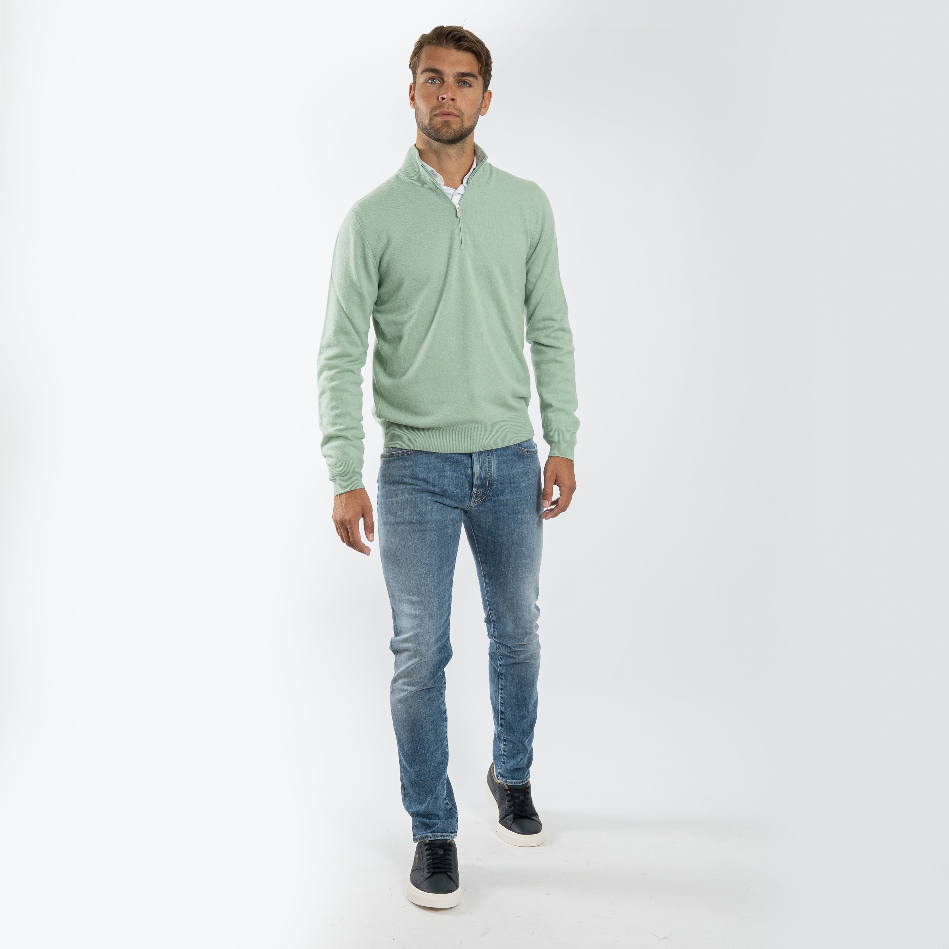 Gran Sasso Gebreide Trui met Rits Lichtgroen | Cashmere Lana