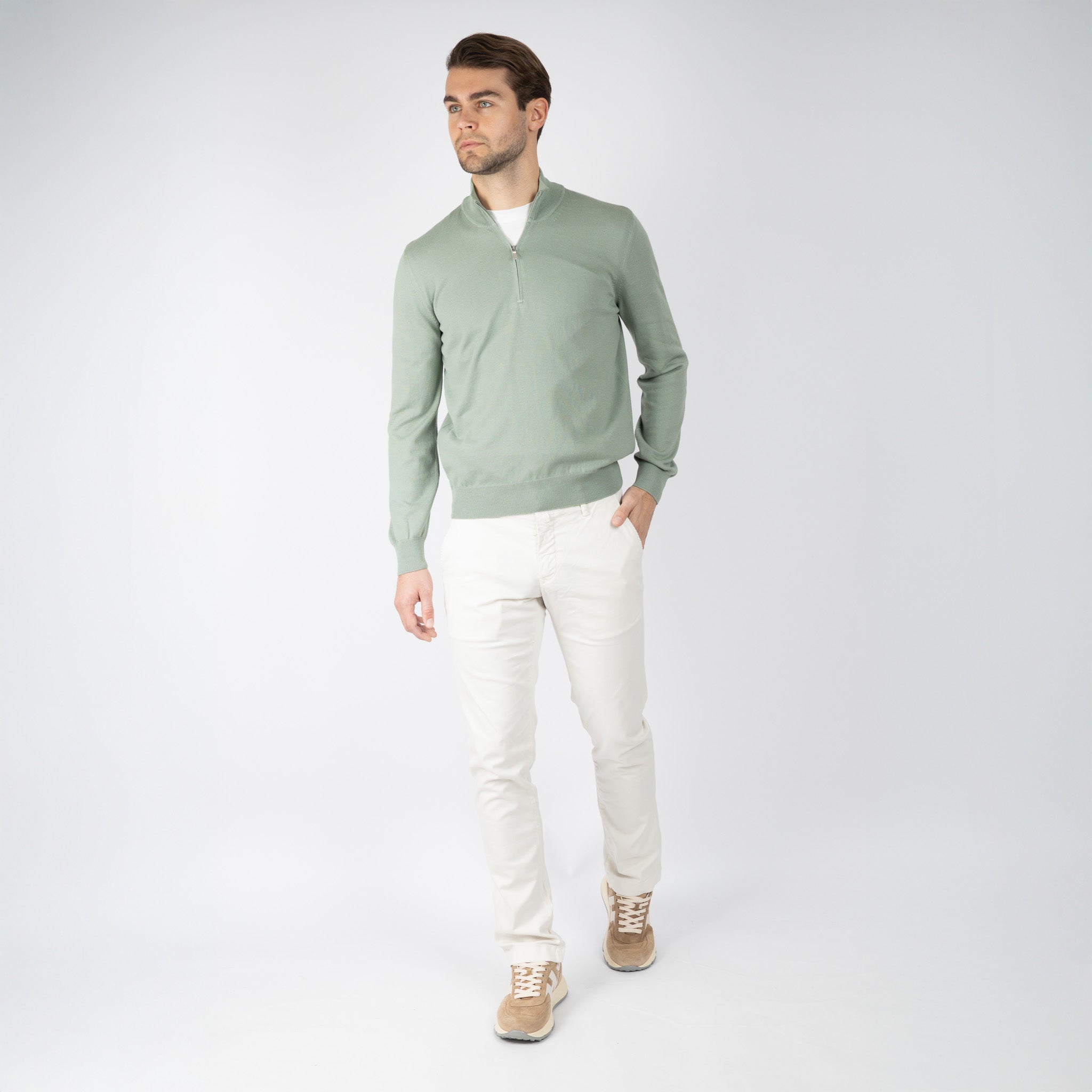 Gran Sasso Gebreide Trui met Rits Lichtgroen | Egyptian Cotton