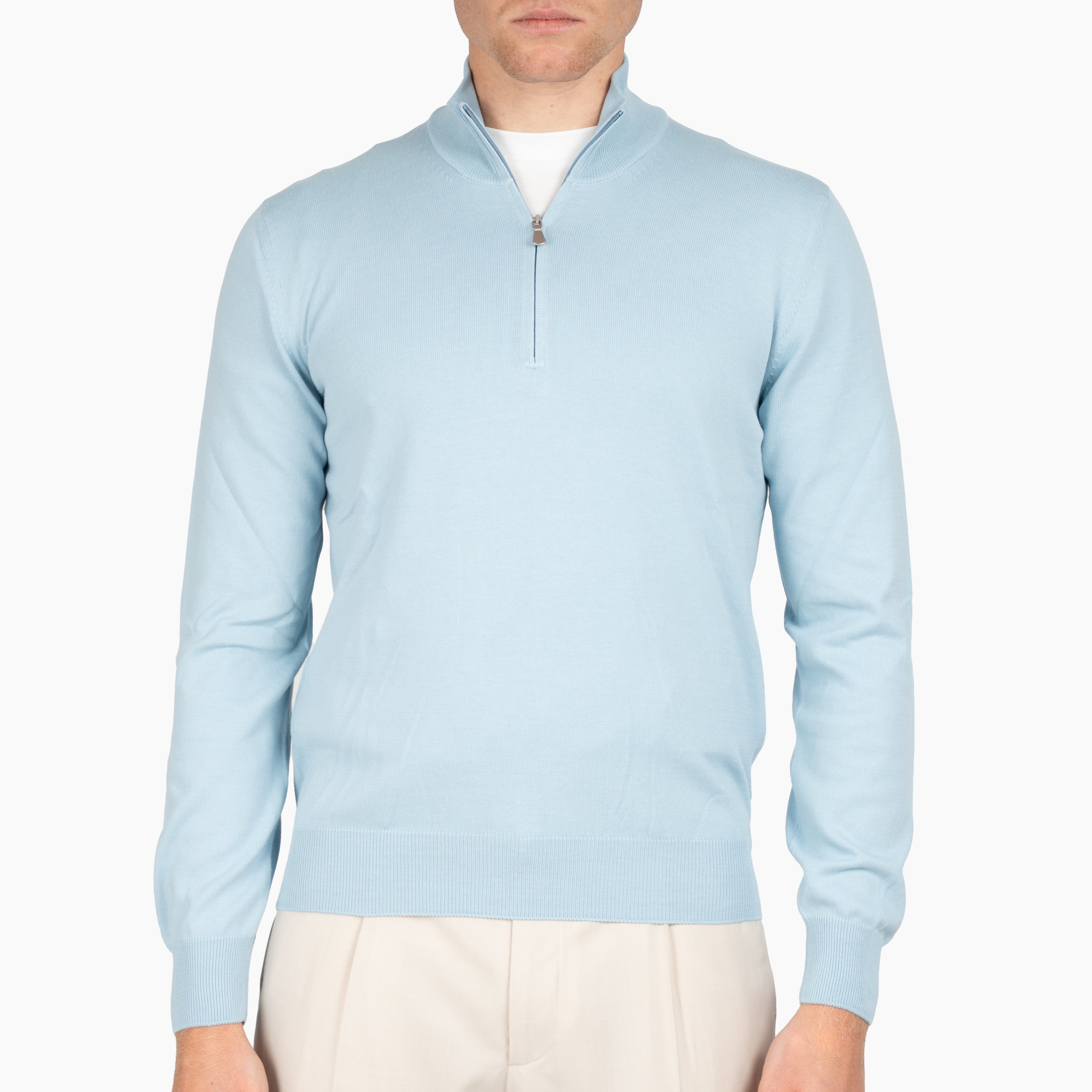 Gran Sasso Gebreide Trui met Rits Aquablauw | Egyptian Cotton