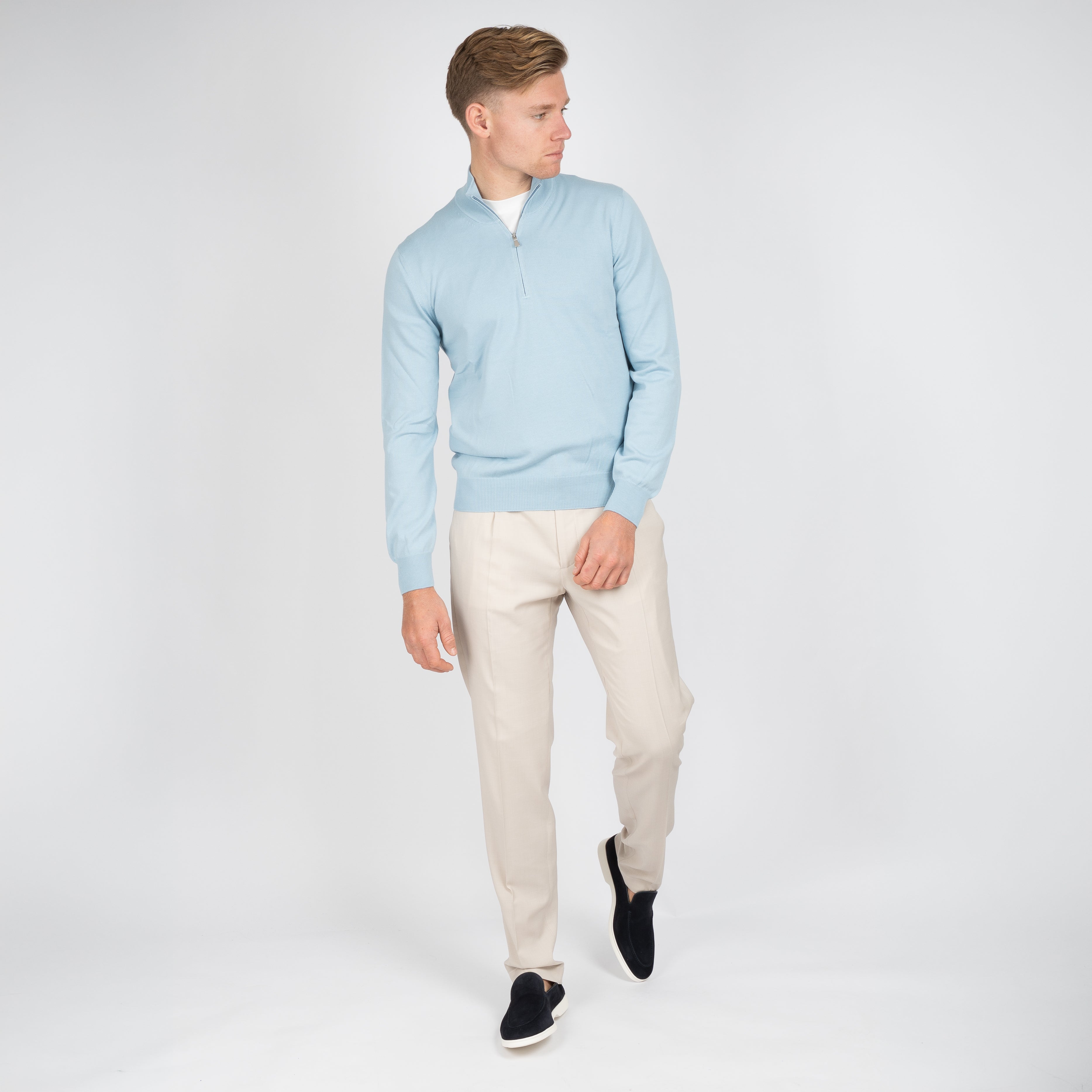 Gran Sasso Gebreide Trui met Rits Aquablauw | Egyptian Cotton