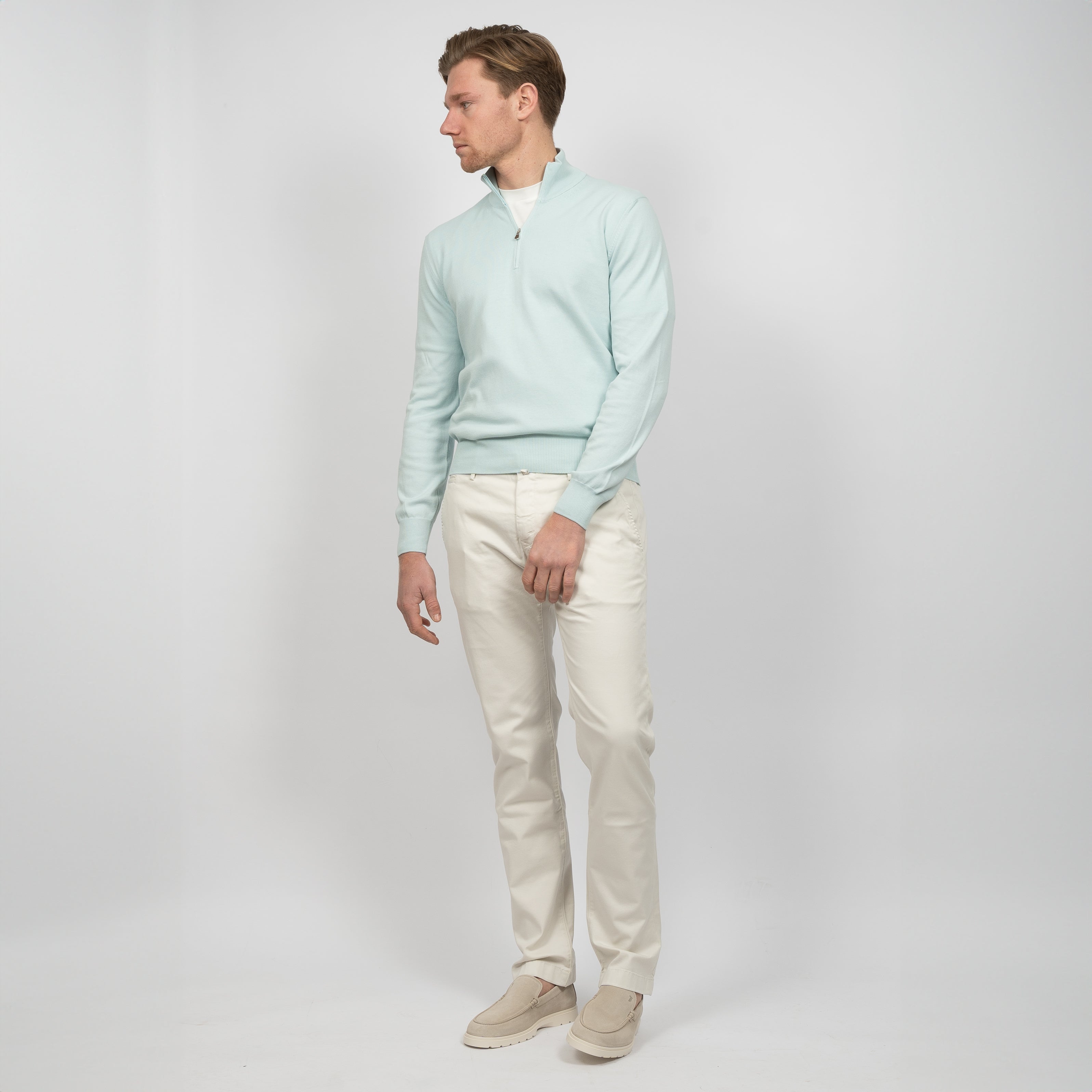 Gran Sasso Gebreide trui met Rits Aquablauw | Egyptian Cotton