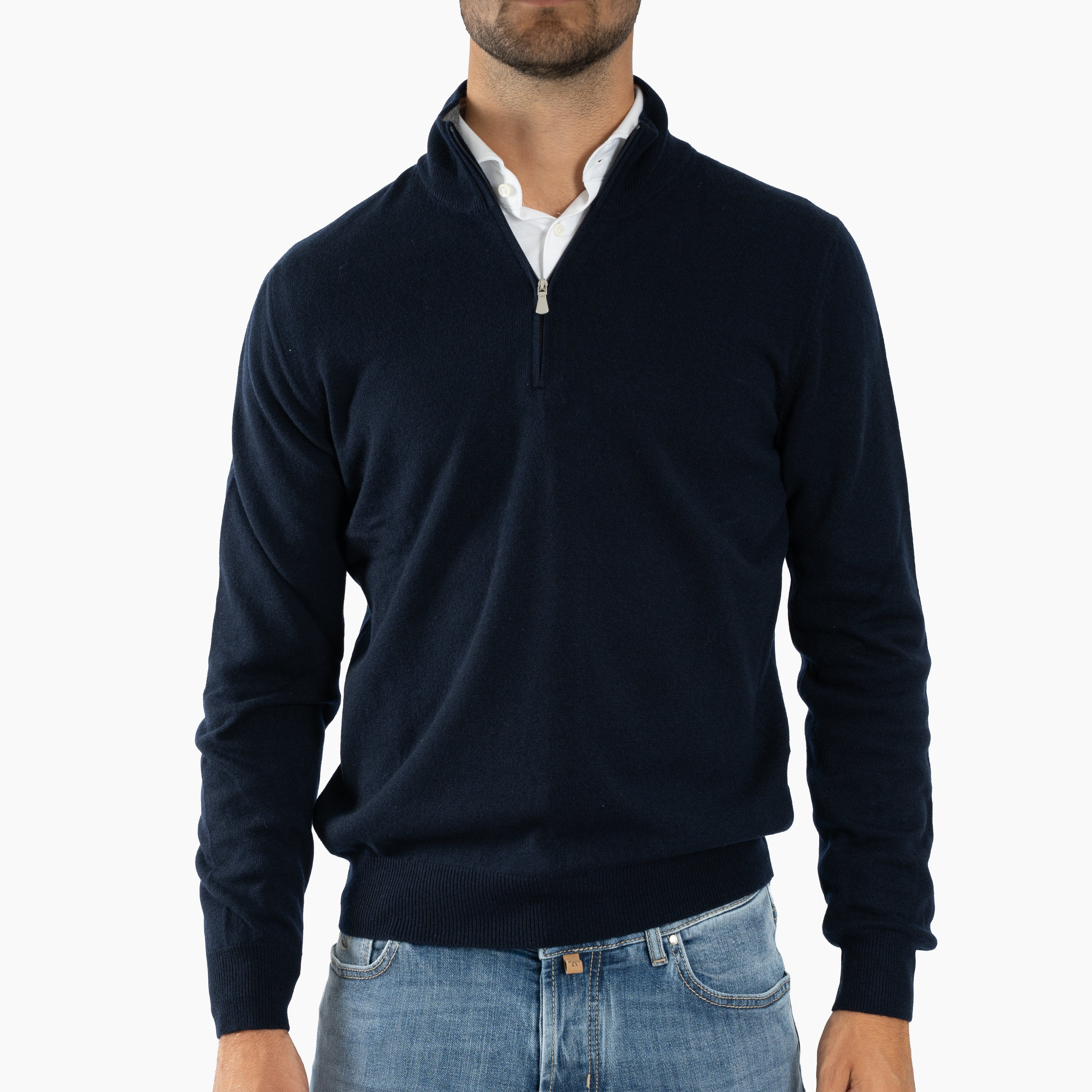 Gran Sasso Gebreide Trui met Rits Donkerblauw | Cashmere Lana