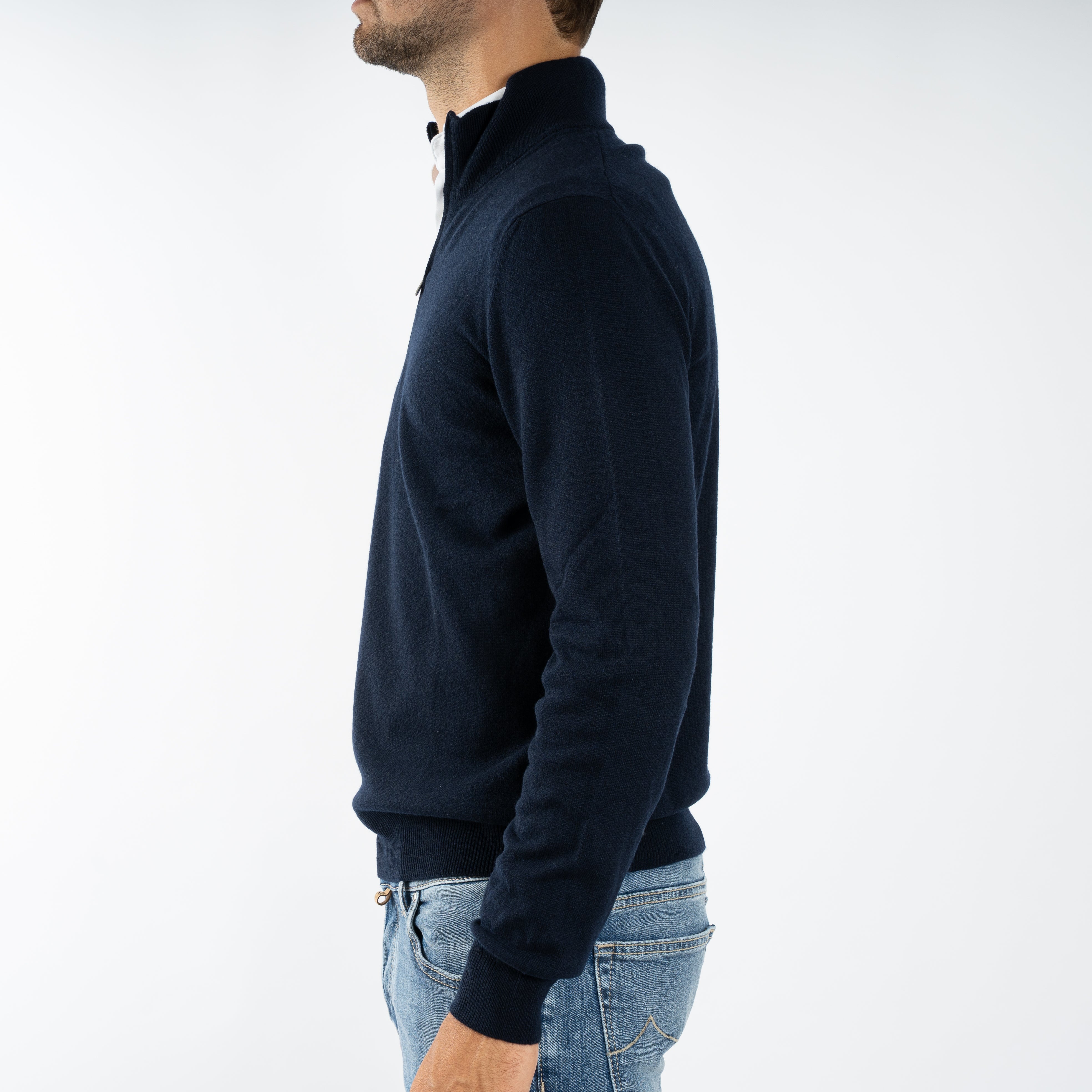 Gran Sasso Gebreide Trui met Rits Donkerblauw | Cashmere Lana