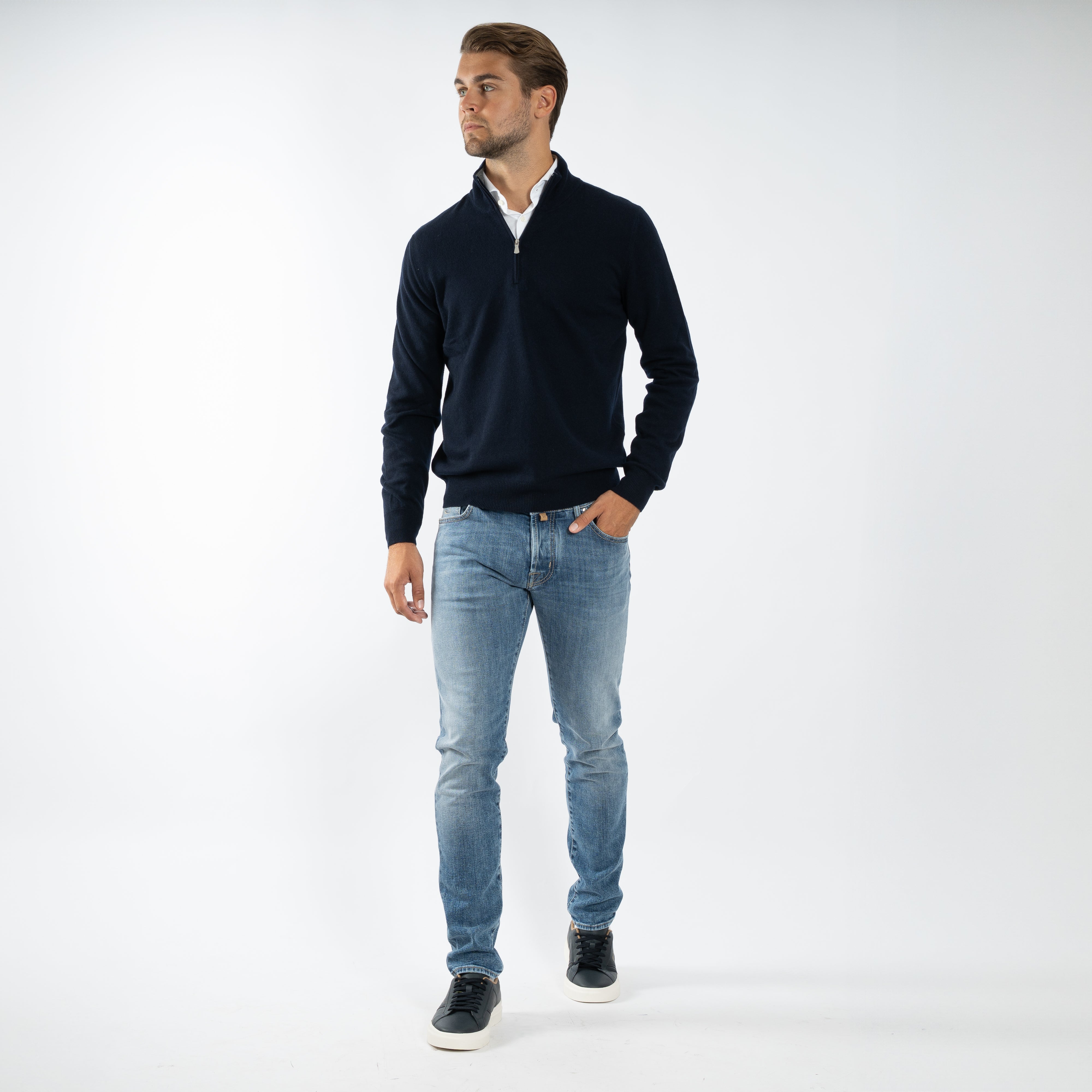 Gran Sasso Gebreide Trui met Rits Donkerblauw | Cashmere Lana