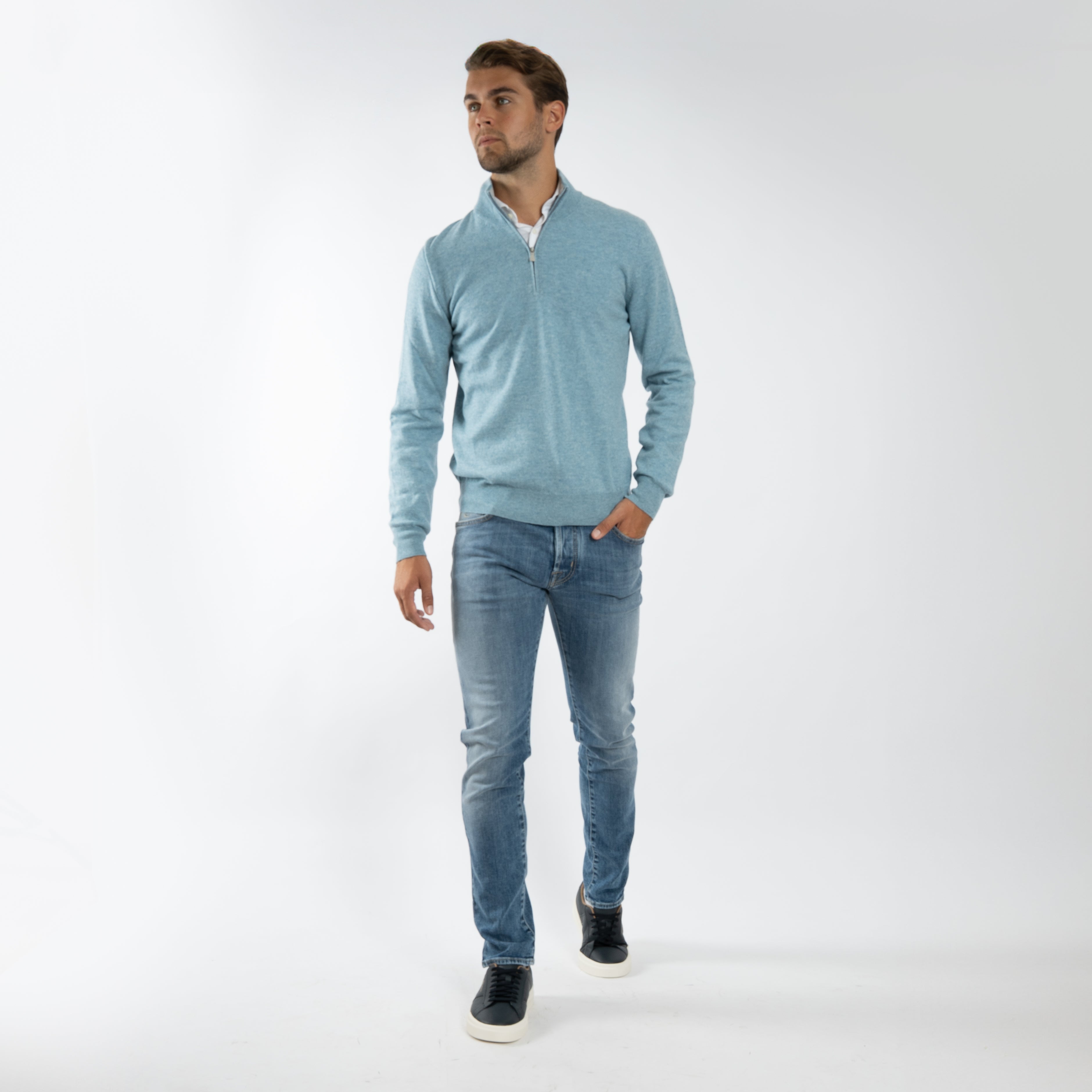 Gran Sasso Gebreide Trui met Rits Lichtblauw | Cashmere Lana