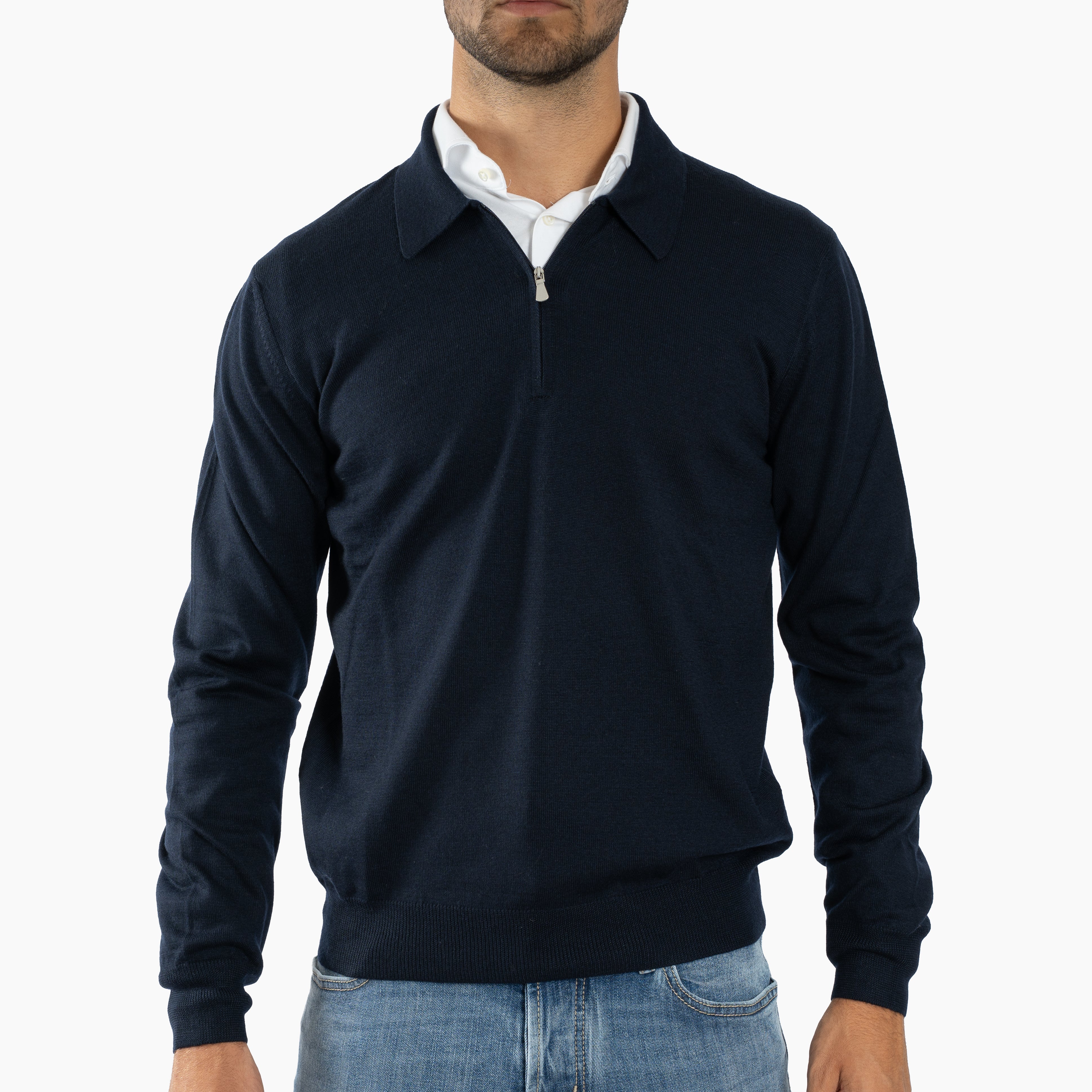 Gran Sasso Gebreide Trui met Rits Donkerblauw | Extrafine Merino