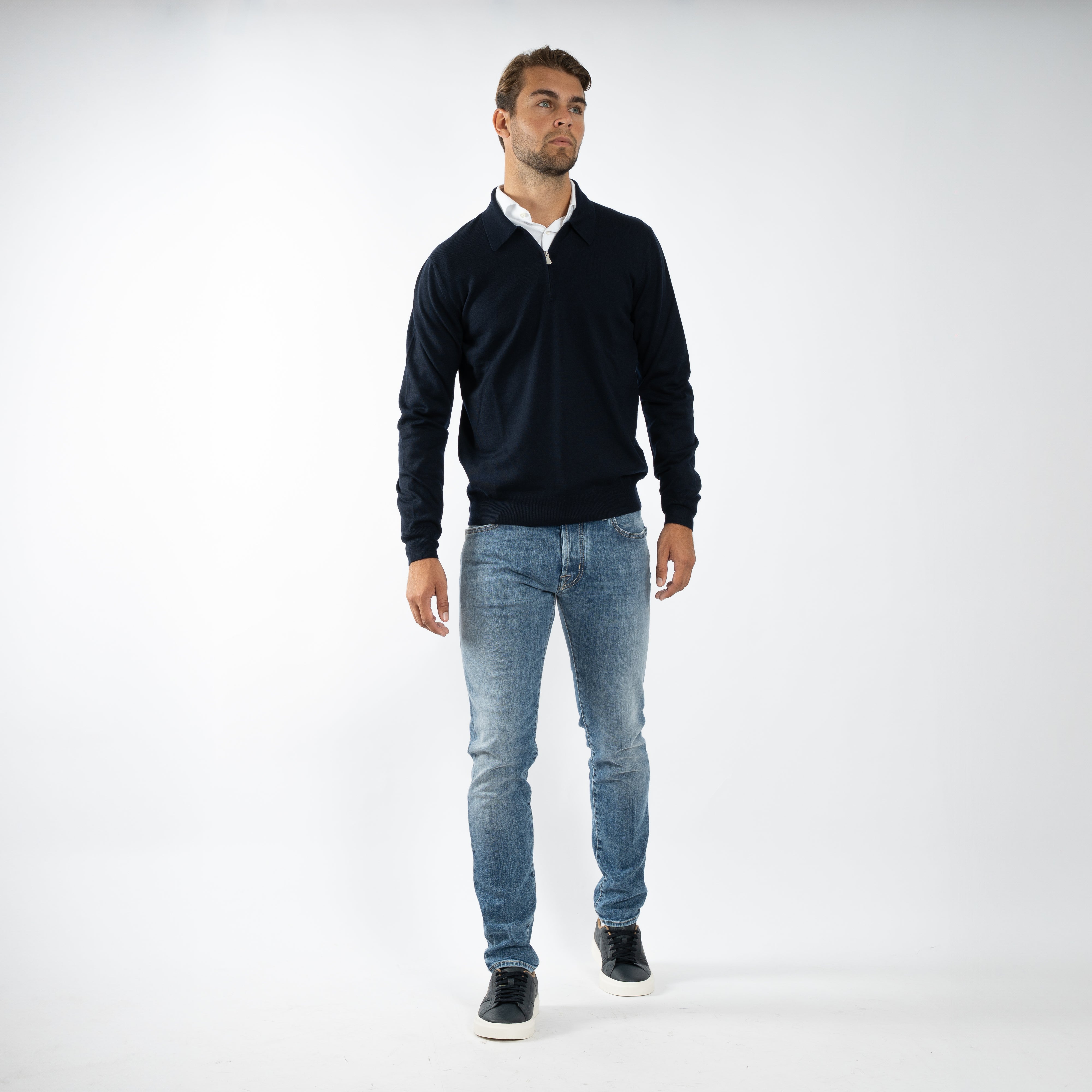 Gran Sasso Gebreide Trui met Rits Donkerblauw | Extrafine Merino