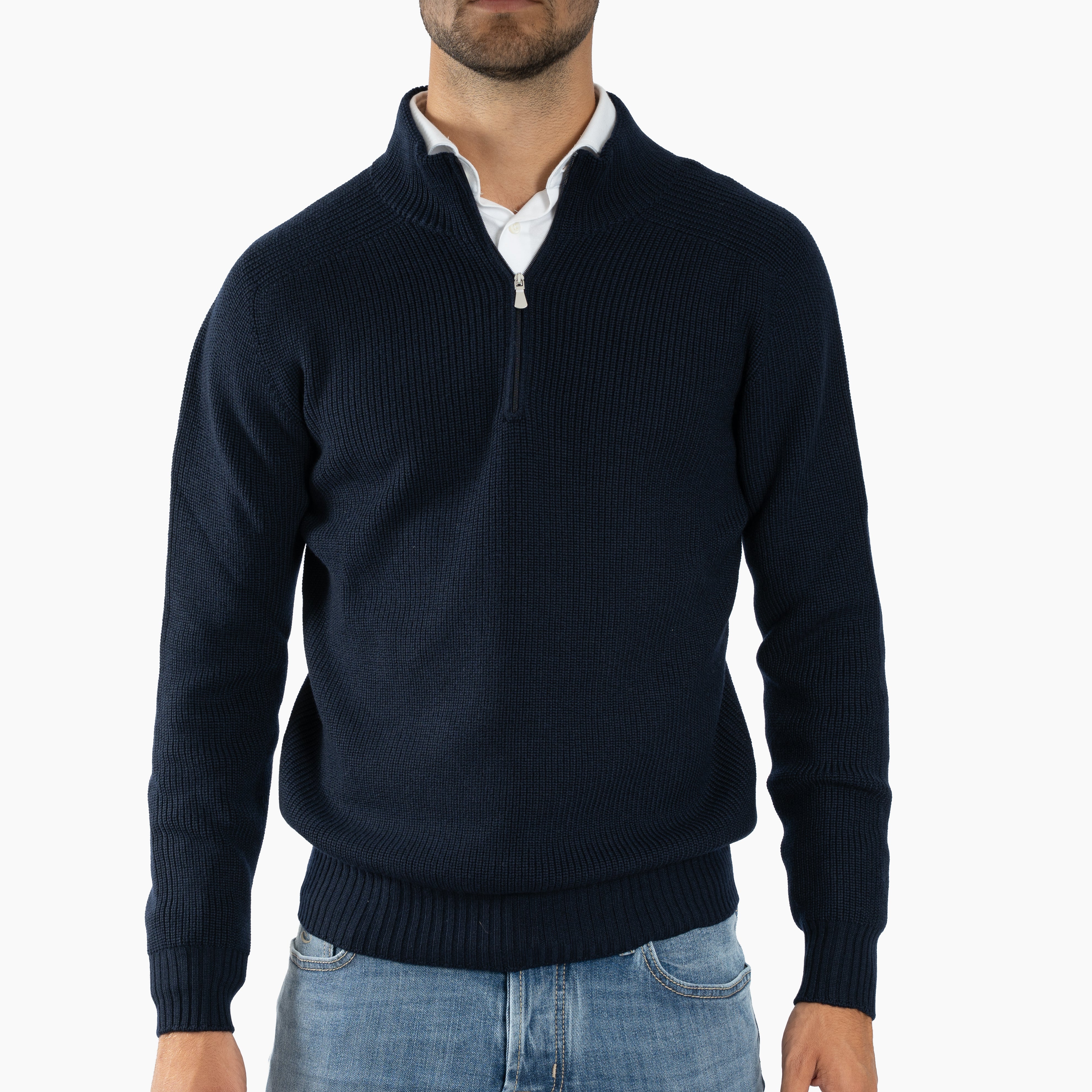 Gran Sasso Gebreide Trui met Rits Donkerblauw | Rain Wool
