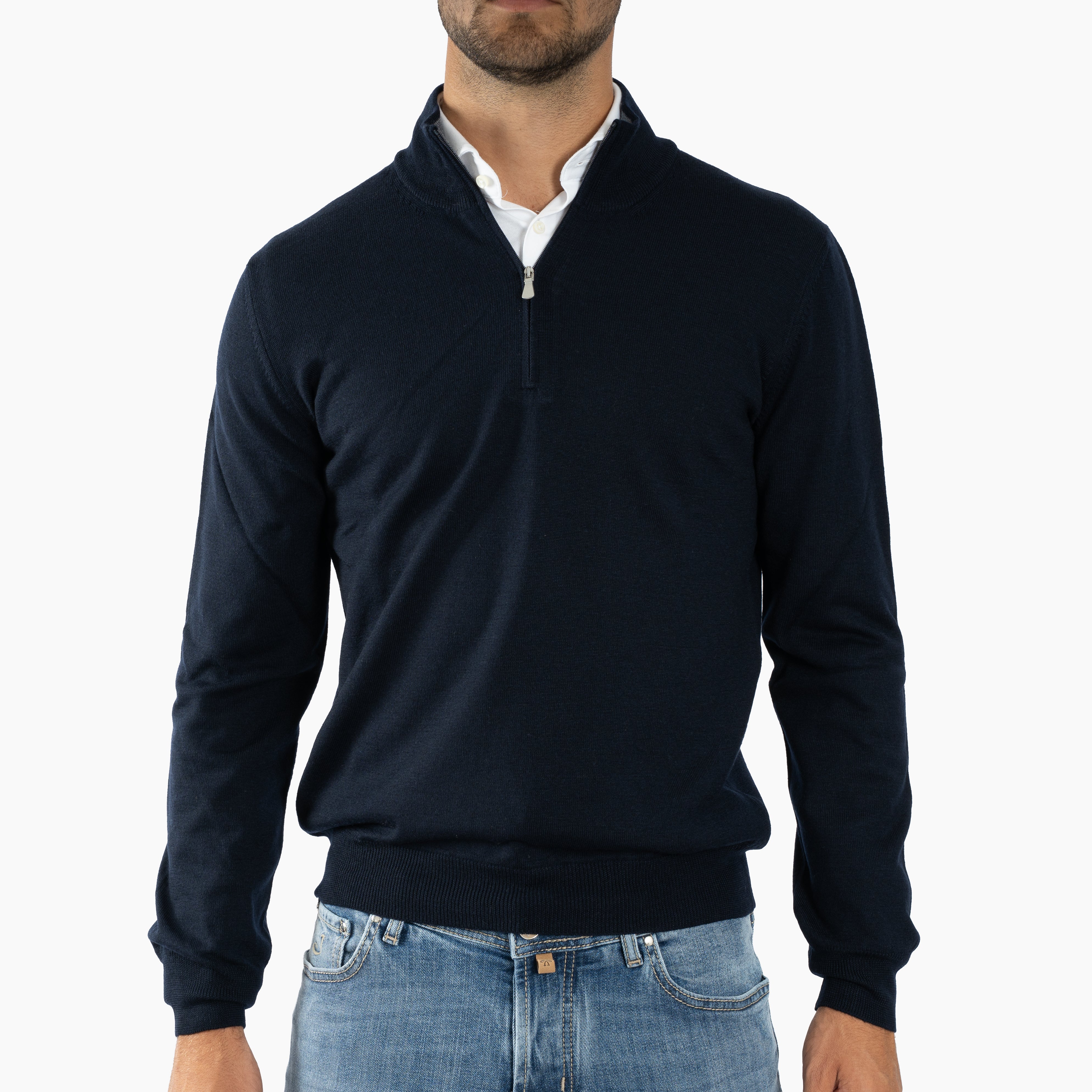 Gran Sasso Gebreide Trui met Rits Donkerblauw | Extrafine Merino