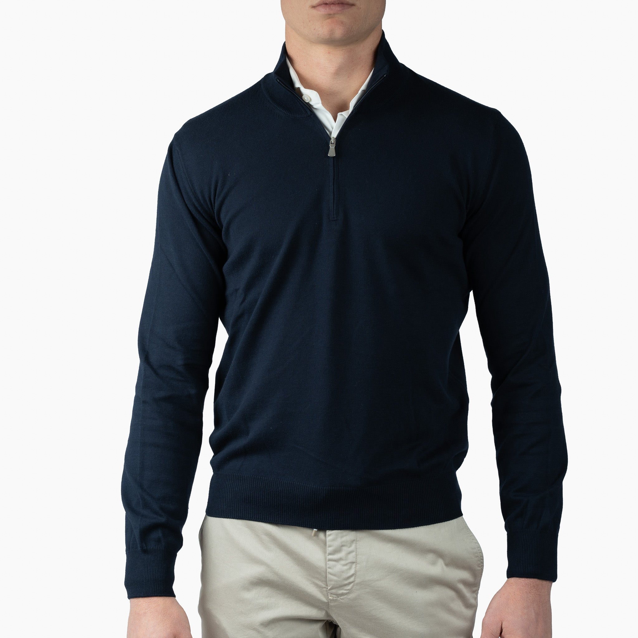 Gran Sasso Gebreide Trui met Rits Donkerblauw | Egyptian Cotton