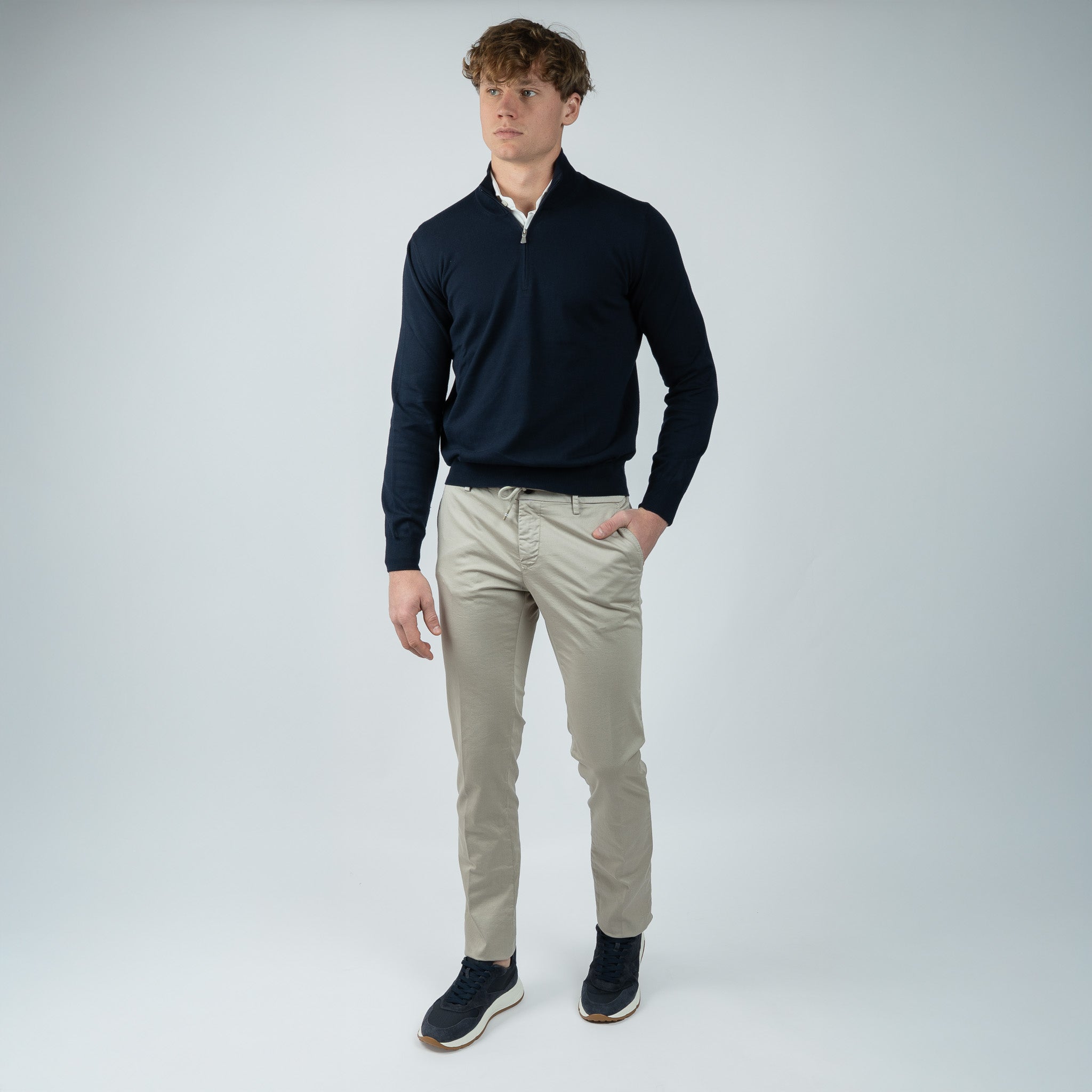 Gran Sasso Gebreide Trui met Rits Donkerblauw | Egyptian Cotton