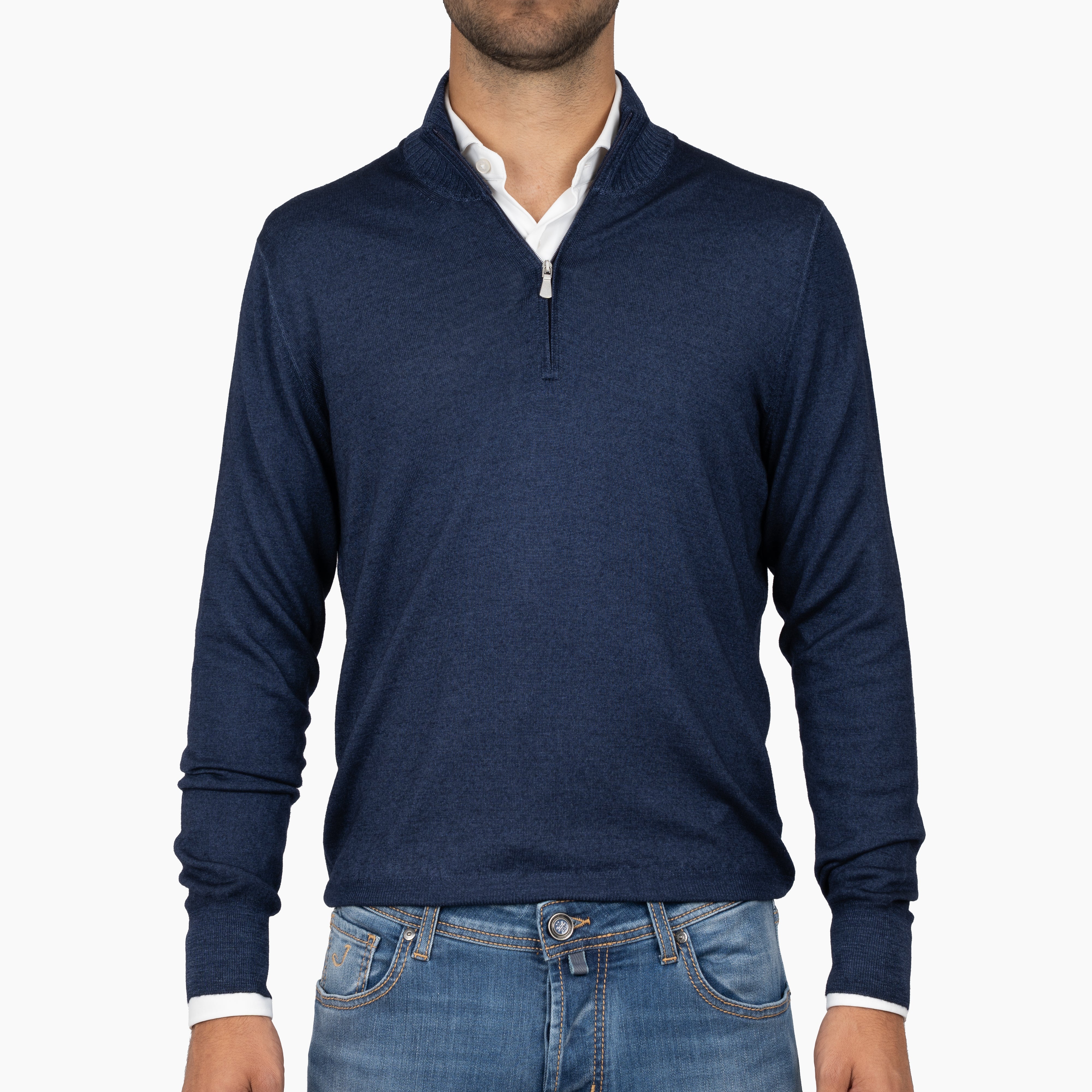 Gran Sasso Gebreide Trui met Rits Blauw | Vintage Merino