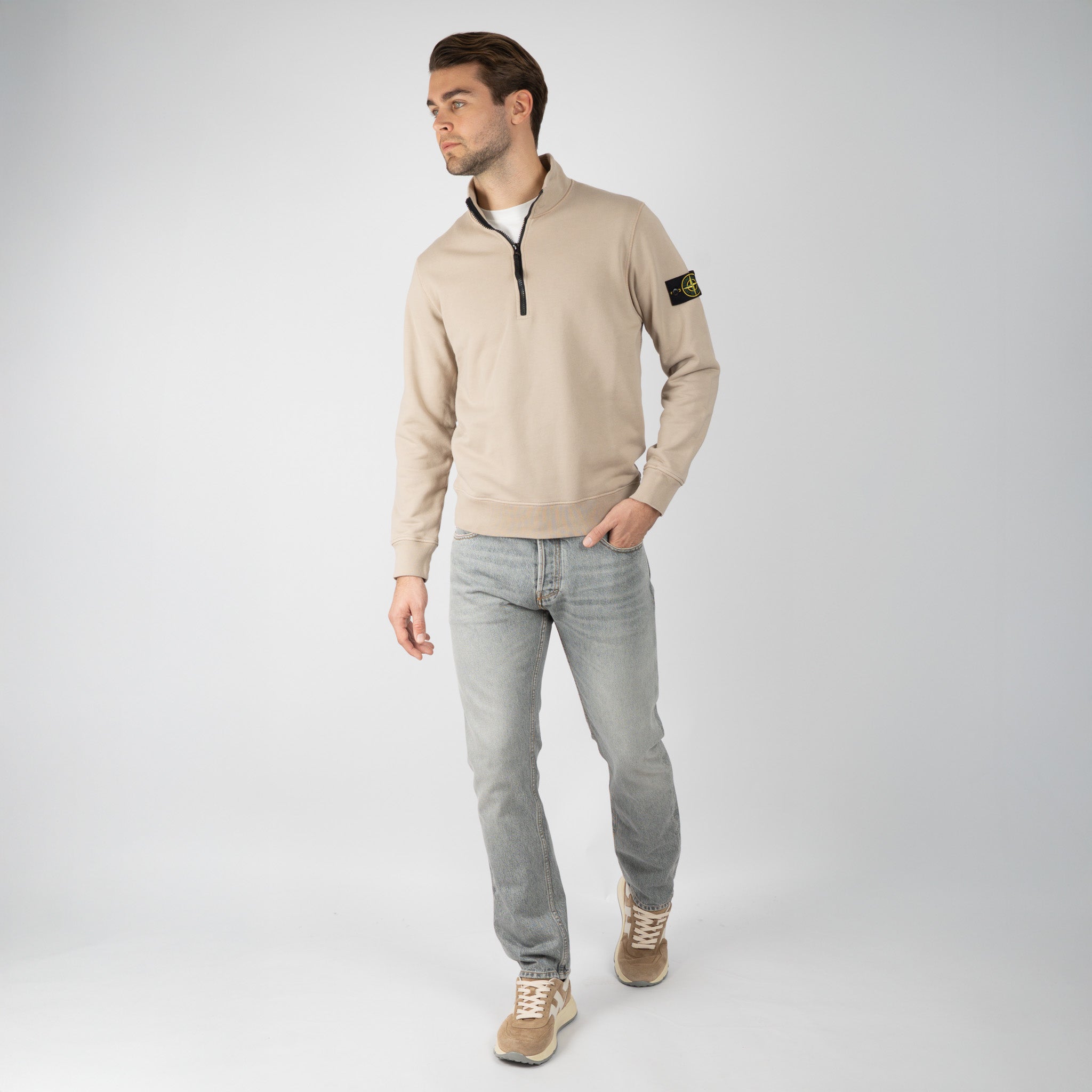 Stone Island Sweater met Rits Zand | Cotton Fleece