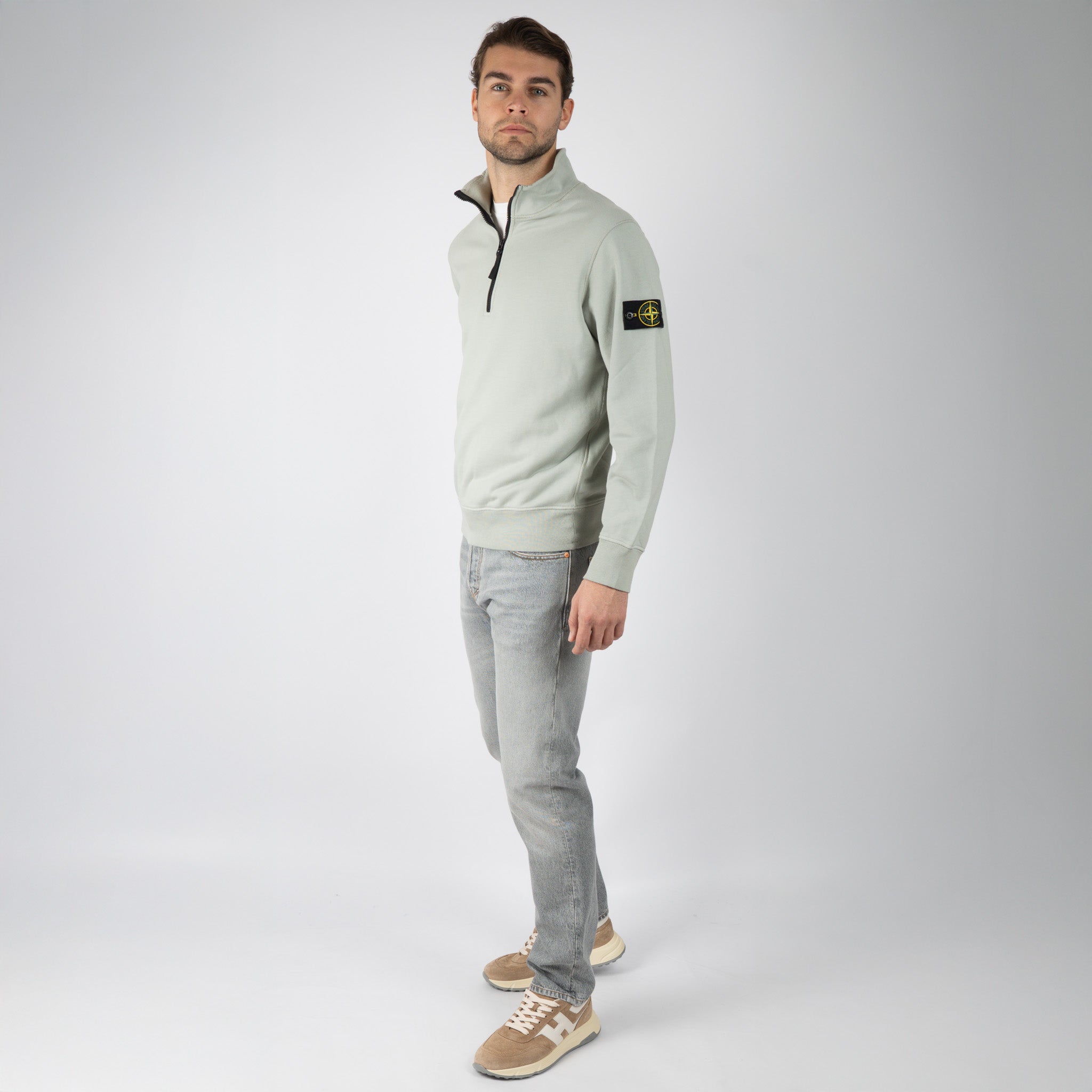 Stone Island Sweater met Rits Lichtgroen | Cotton Fleece