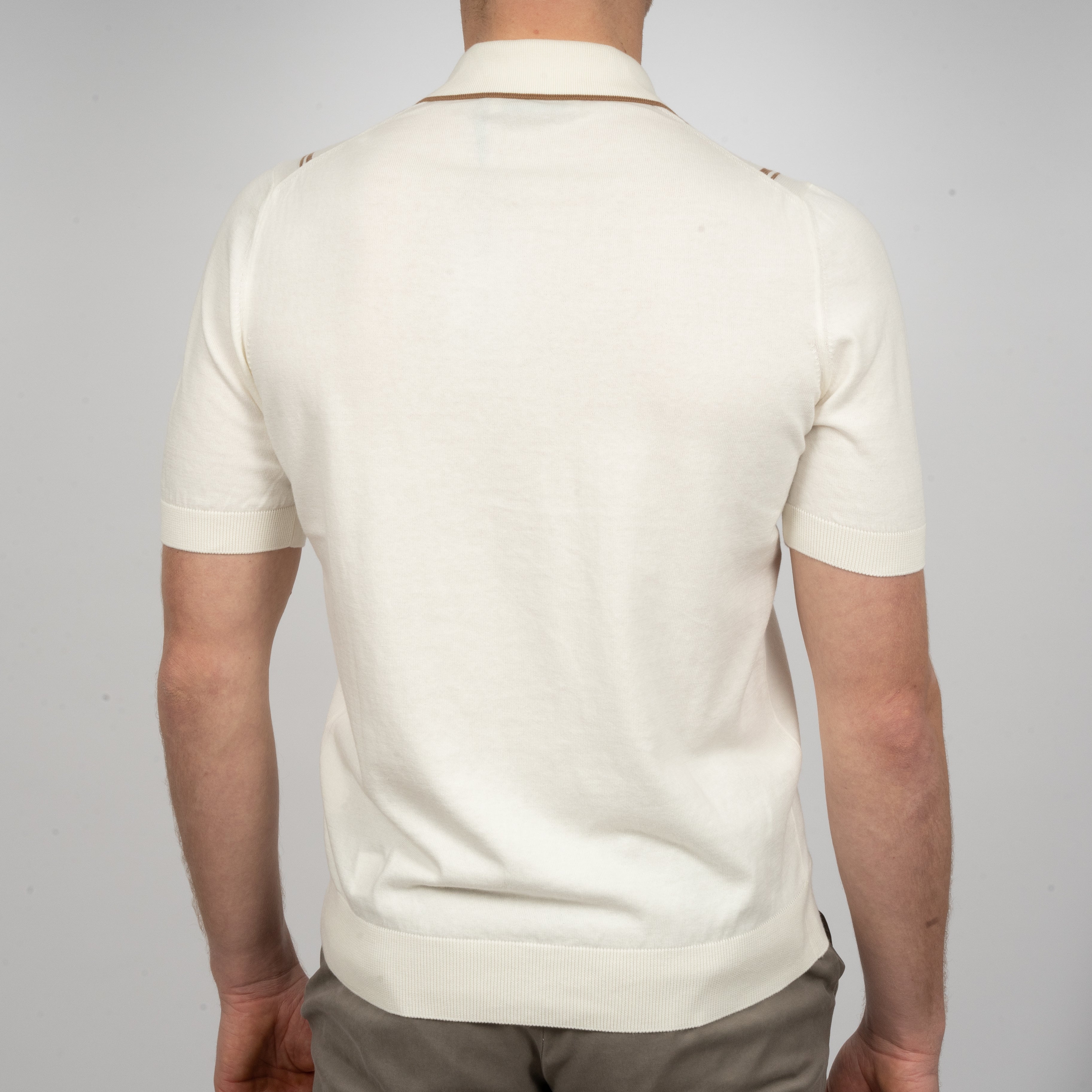 Gran Sasso Gebreide Doorknoop Polo Wit met Beige Streep | Organic Cotton