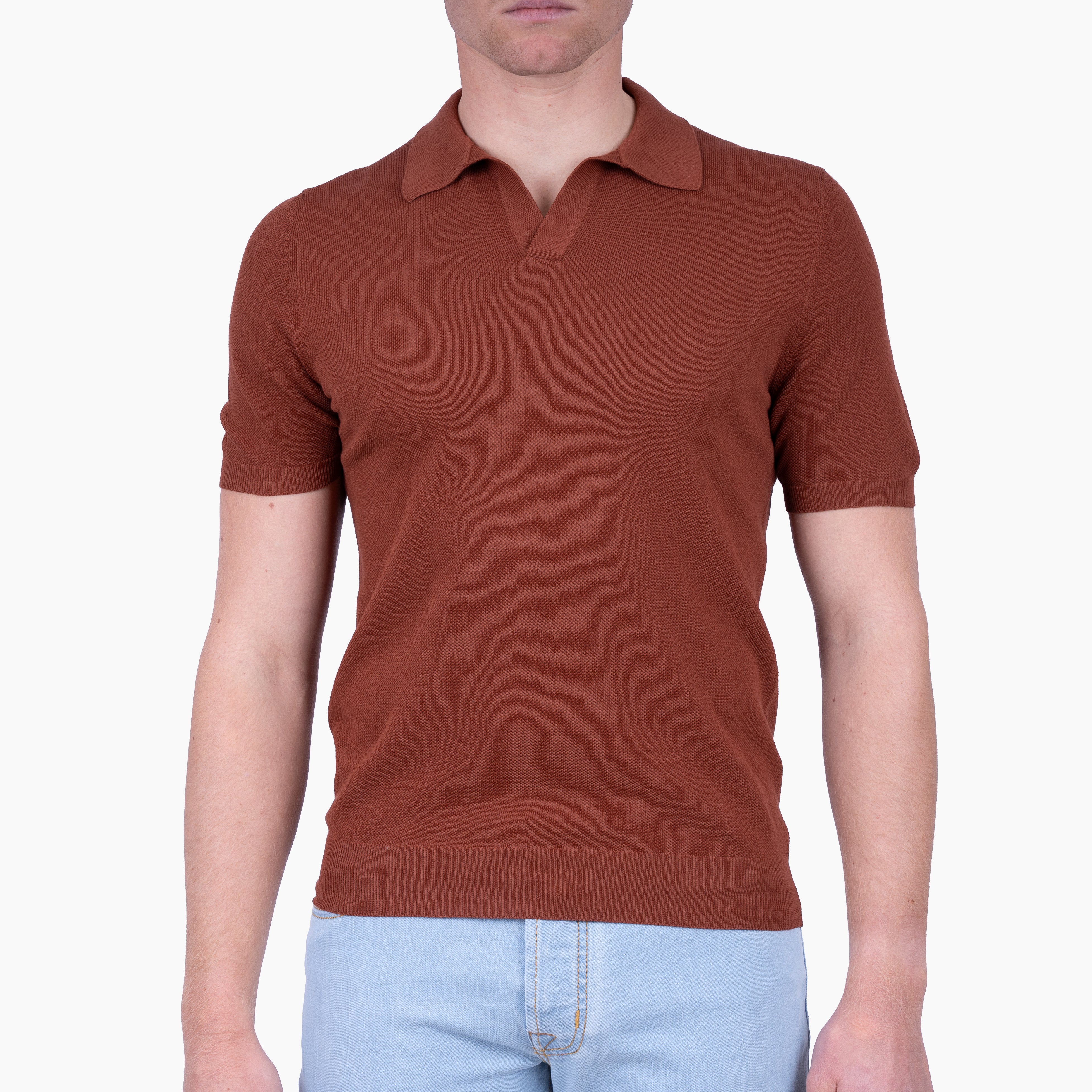 Gran Sasso Polo Buttonless Kraag Roestbruin | Fresh Cotton