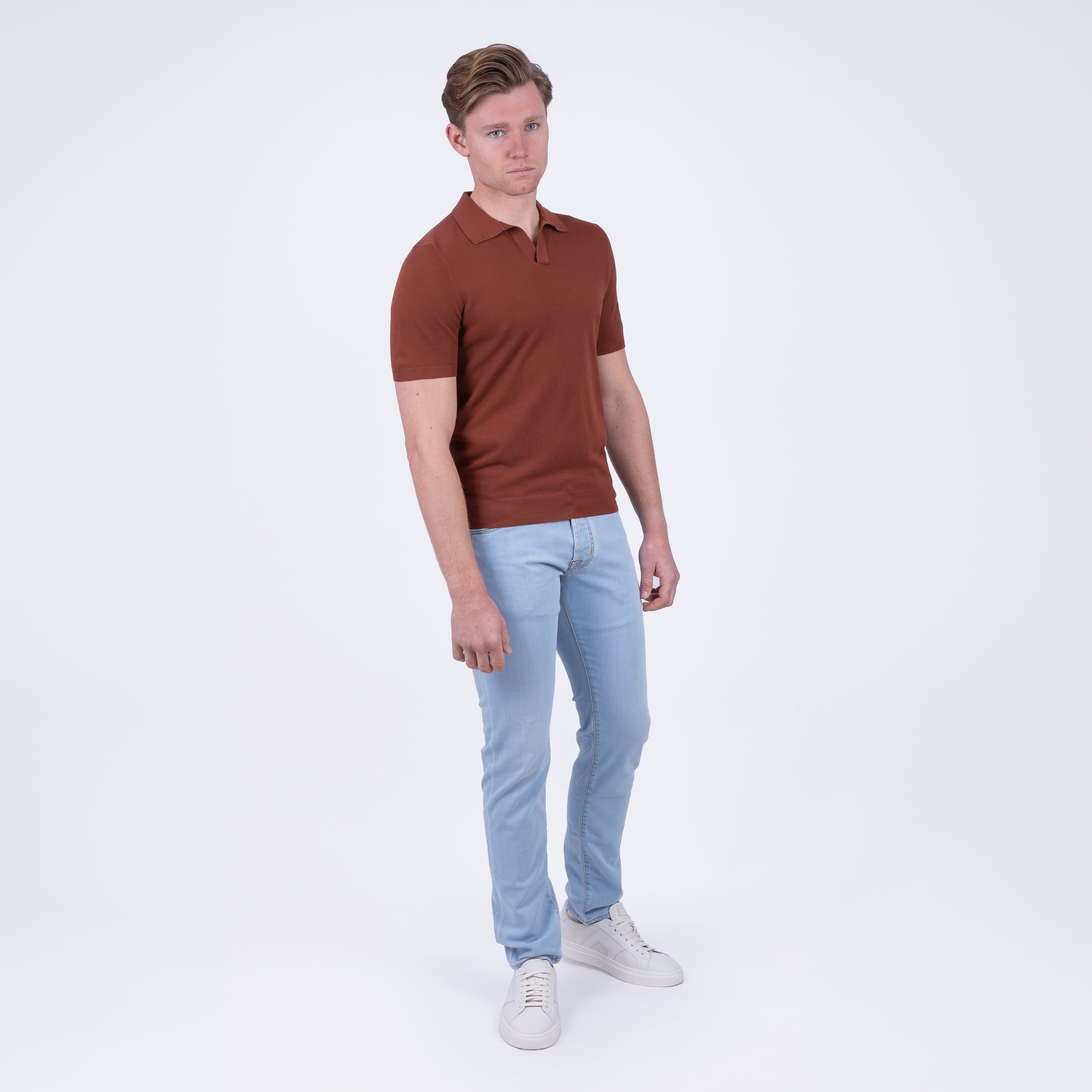 Gran Sasso Polo Buttonless Kraag Roestbruin | Fresh Cotton
