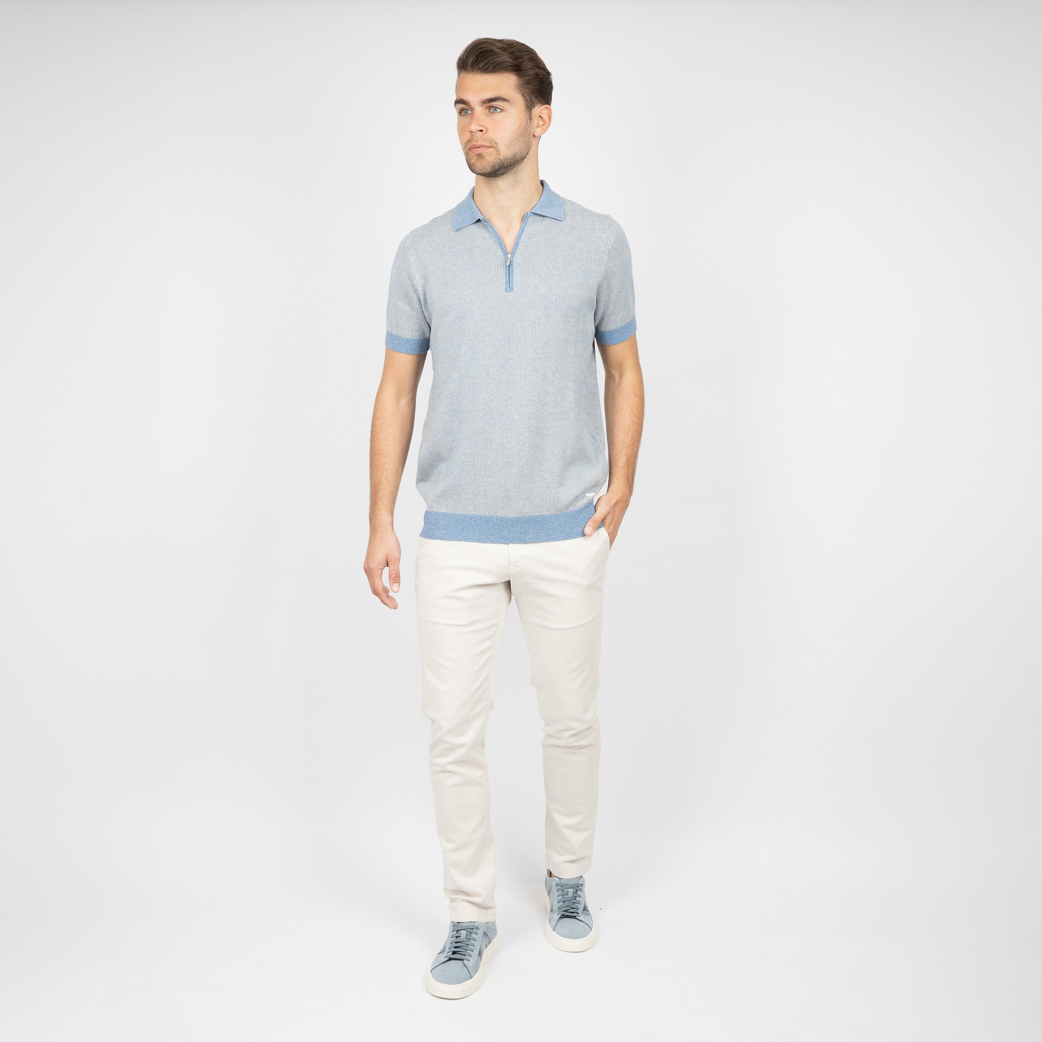 SEVEN DIALS Gebreide Polo met Rits Lichtblauw | Desmond