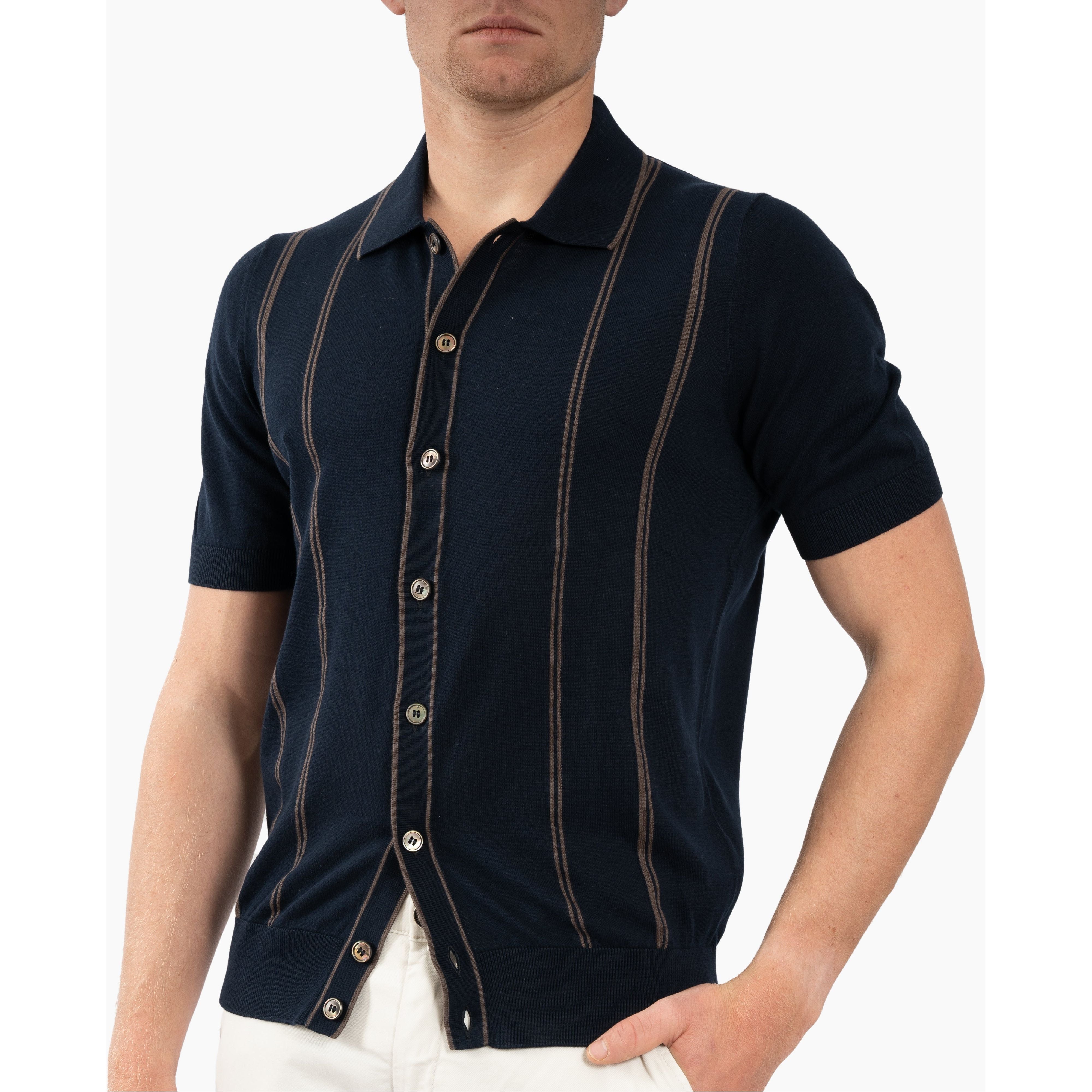 Gran Sasso Gebreide Doorknoop Polo Blauw met Bruine Streep | Organic Cotton