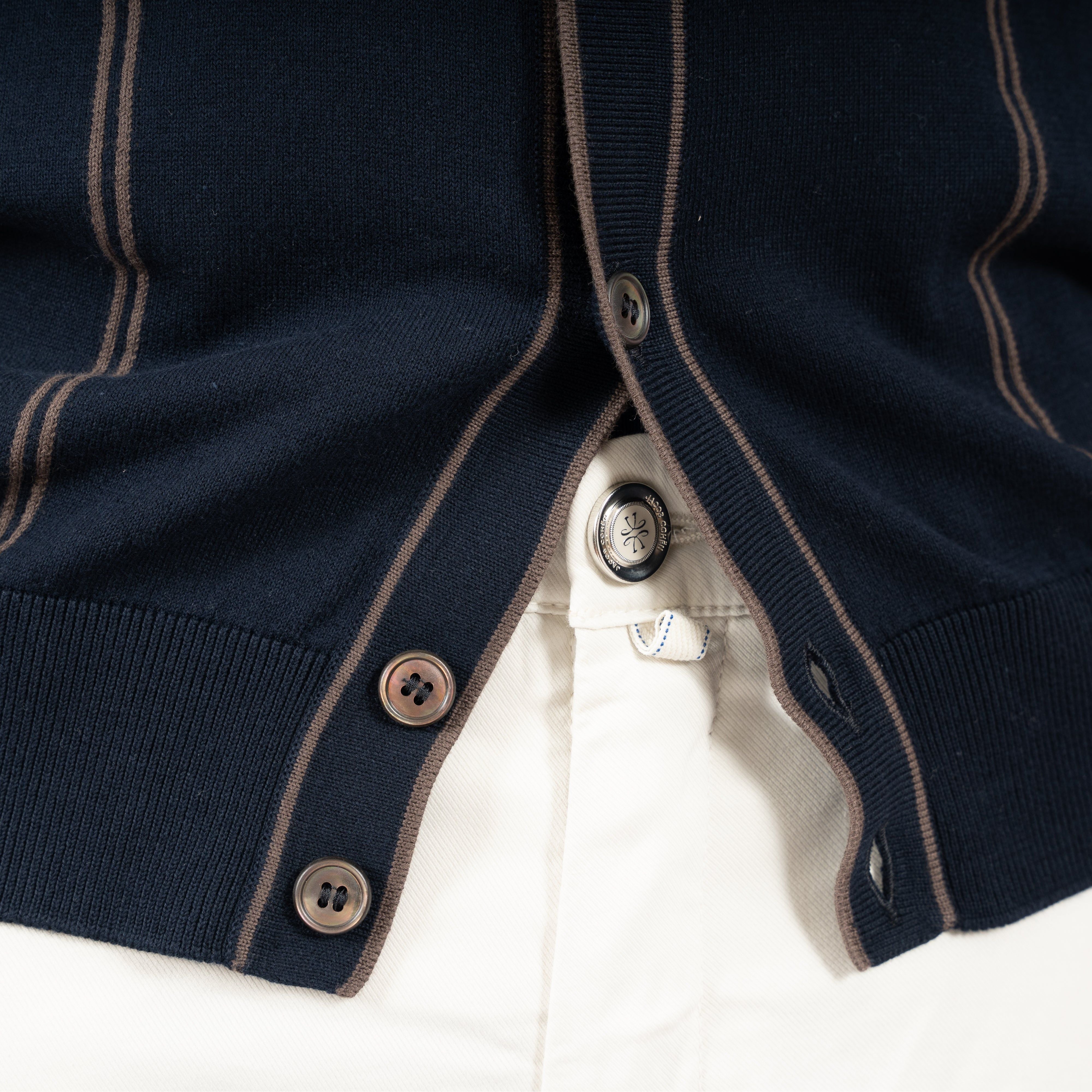 Gran Sasso Gebreide Doorknoop Polo Blauw met Bruine Streep | Organic Cotton