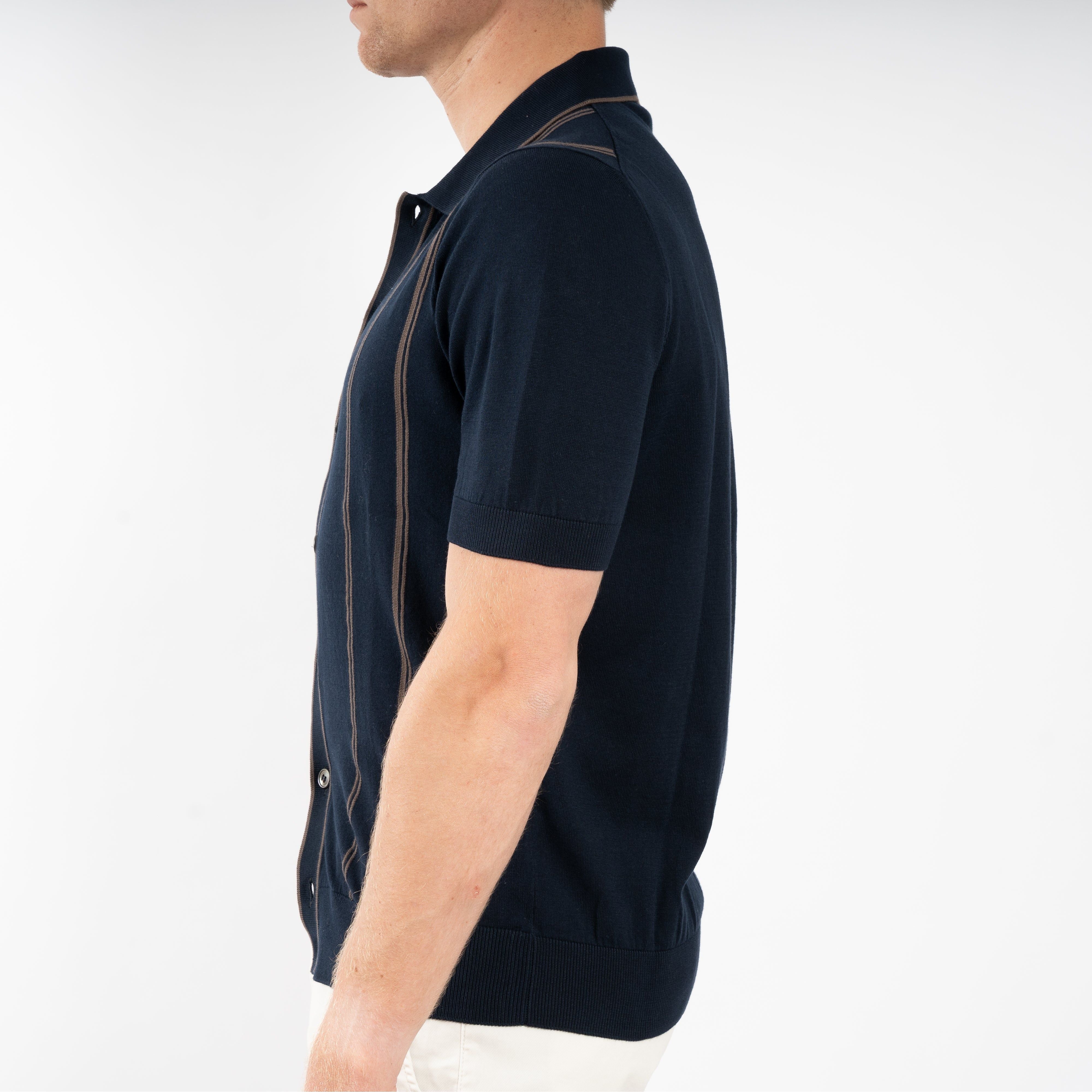 Gran Sasso Gebreide Doorknoop Polo Blauw met Bruine Streep | Organic Cotton