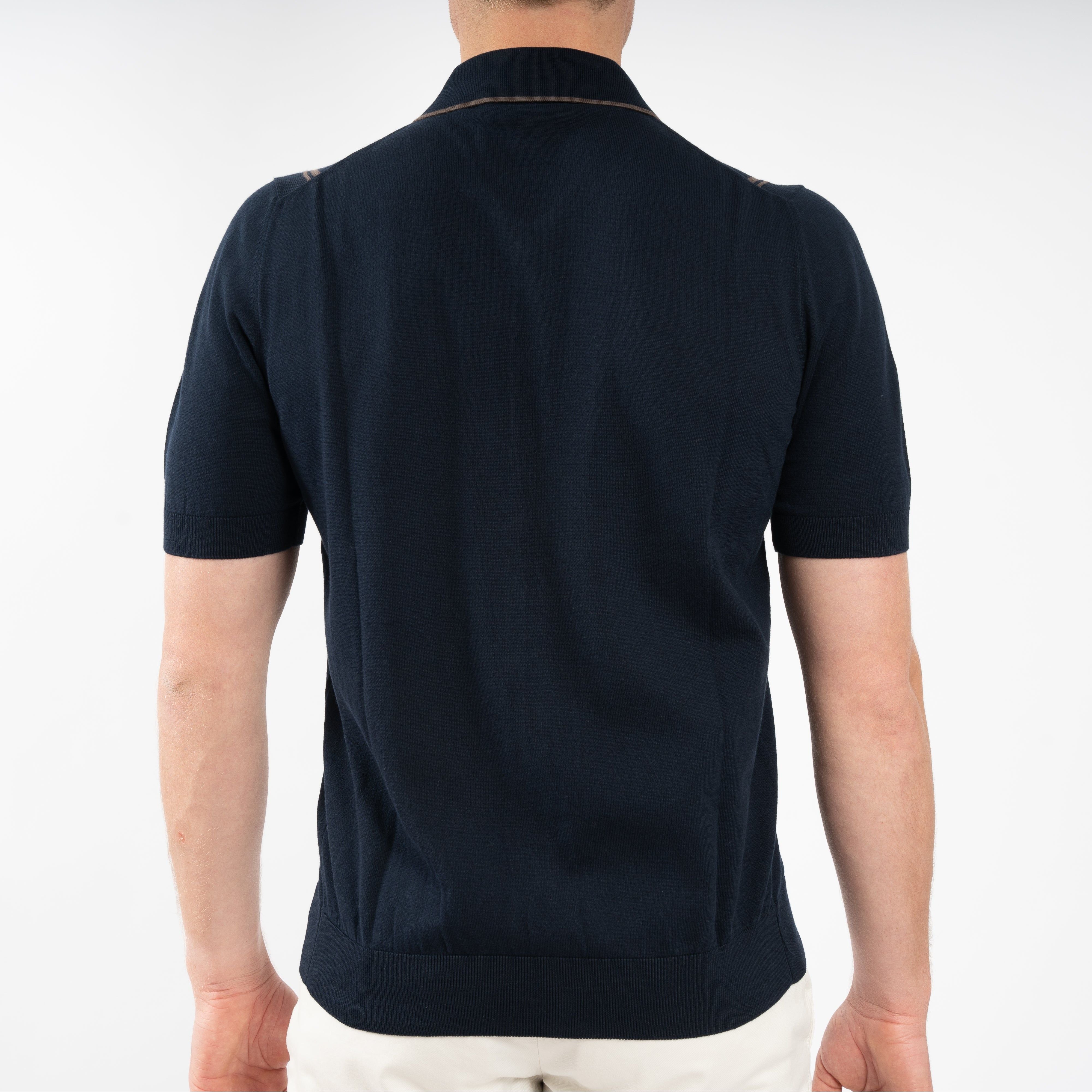 Gran Sasso Gebreide Doorknoop Polo Blauw met Bruine Streep | Organic Cotton