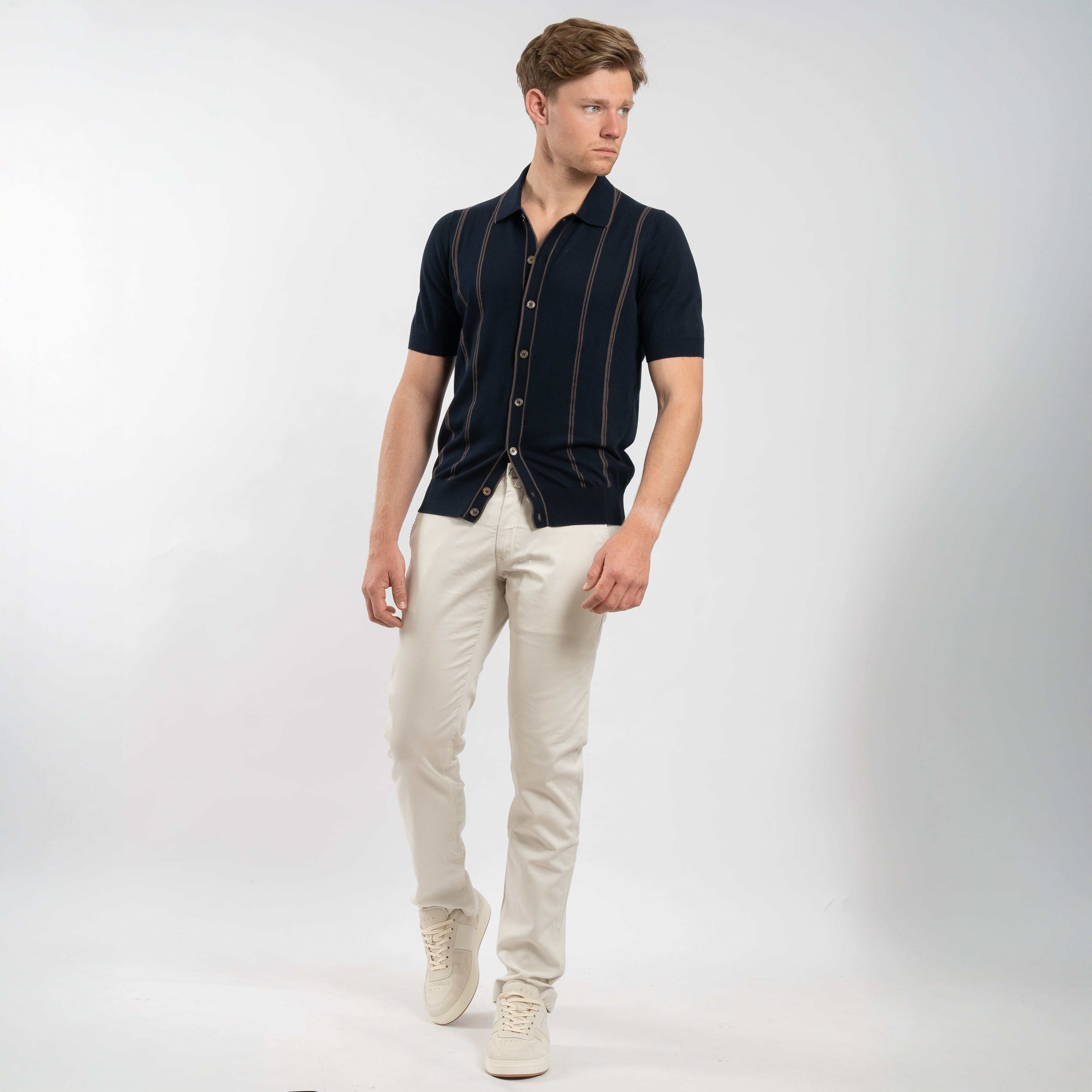 Gran Sasso Gebreide Doorknoop Polo Blauw met Bruine Streep | Organic Cotton