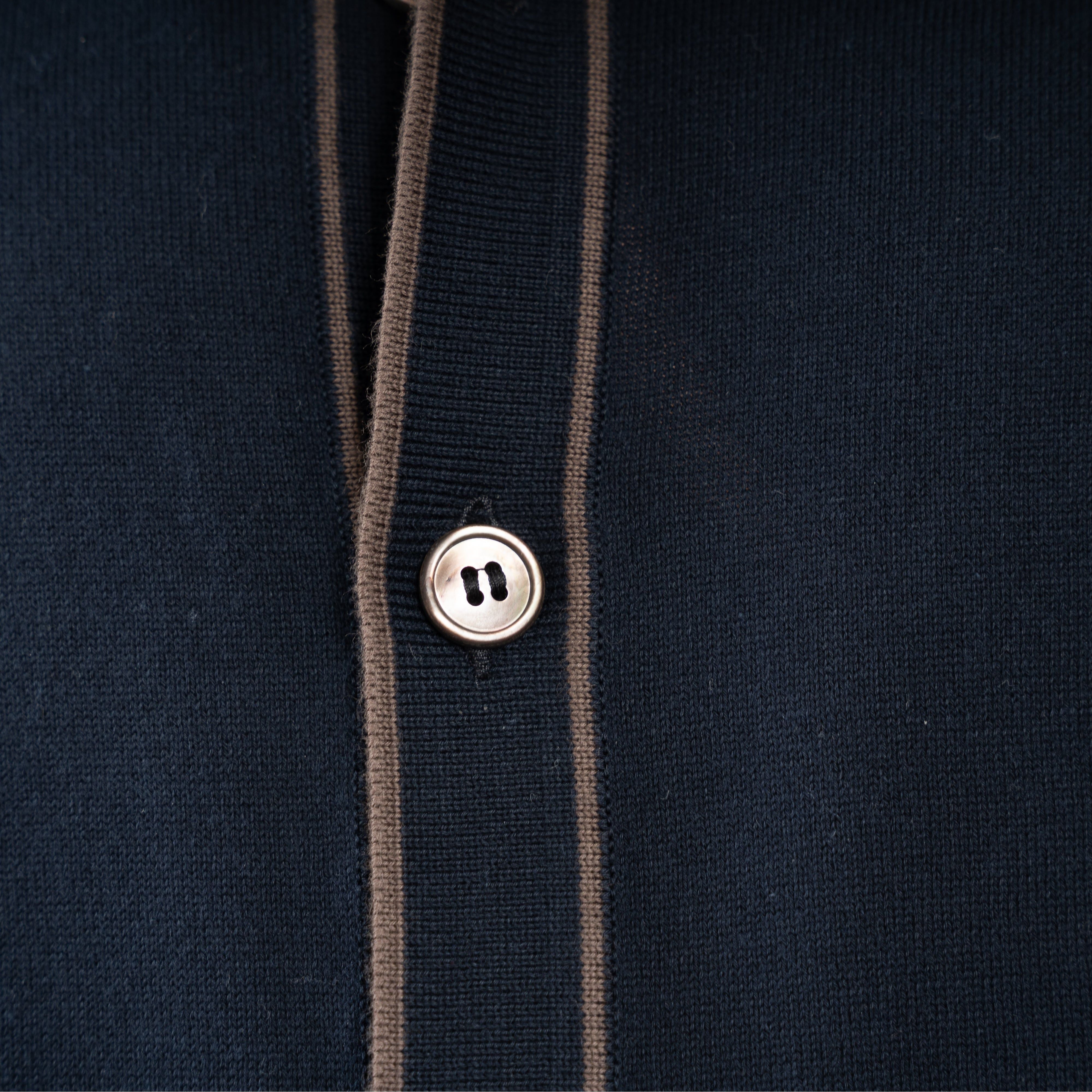 Gran Sasso Gebreide Doorknoop Polo Blauw met Bruine Streep | Organic Cotton