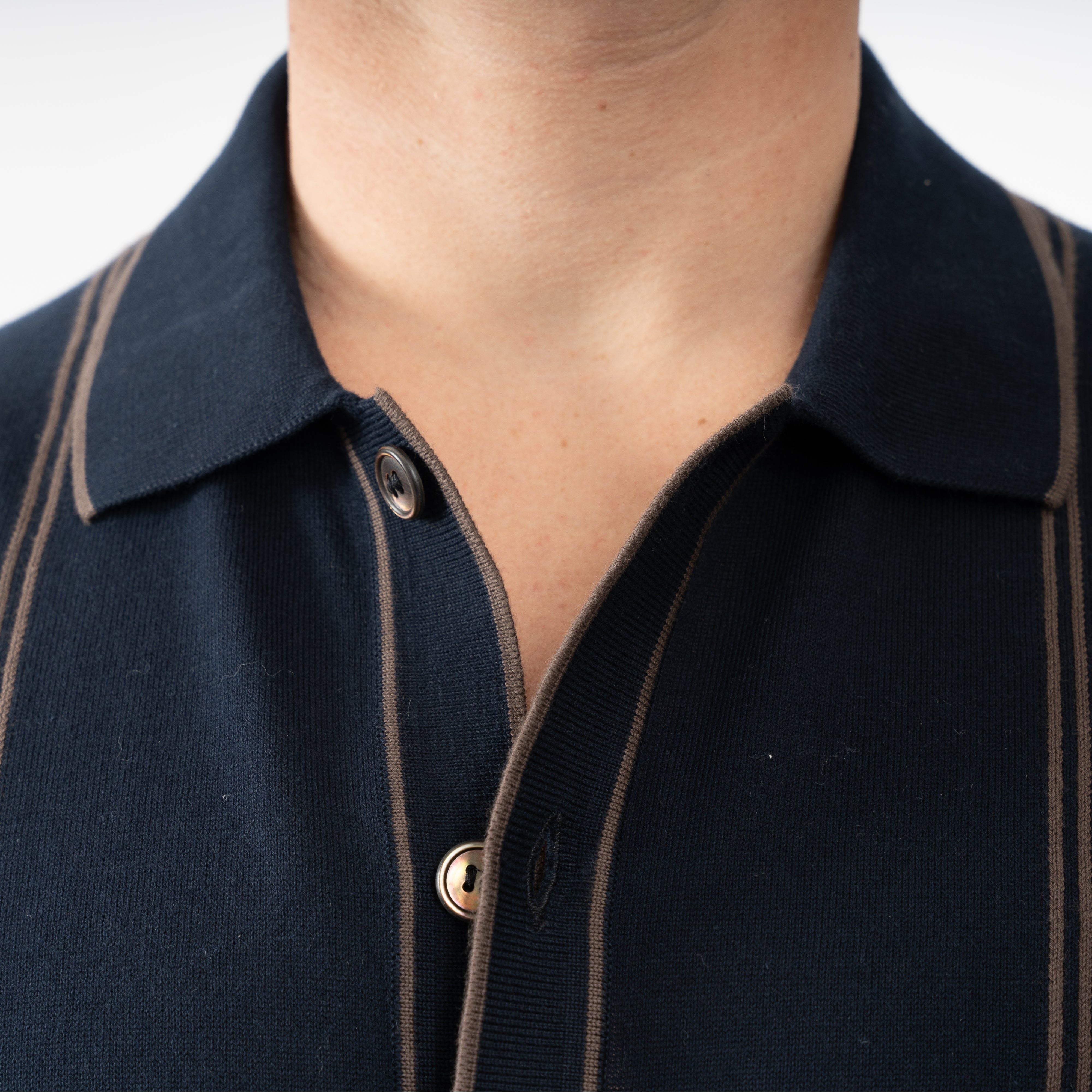 Gran Sasso Gebreide Doorknoop Polo Blauw met Bruine Streep | Organic Cotton