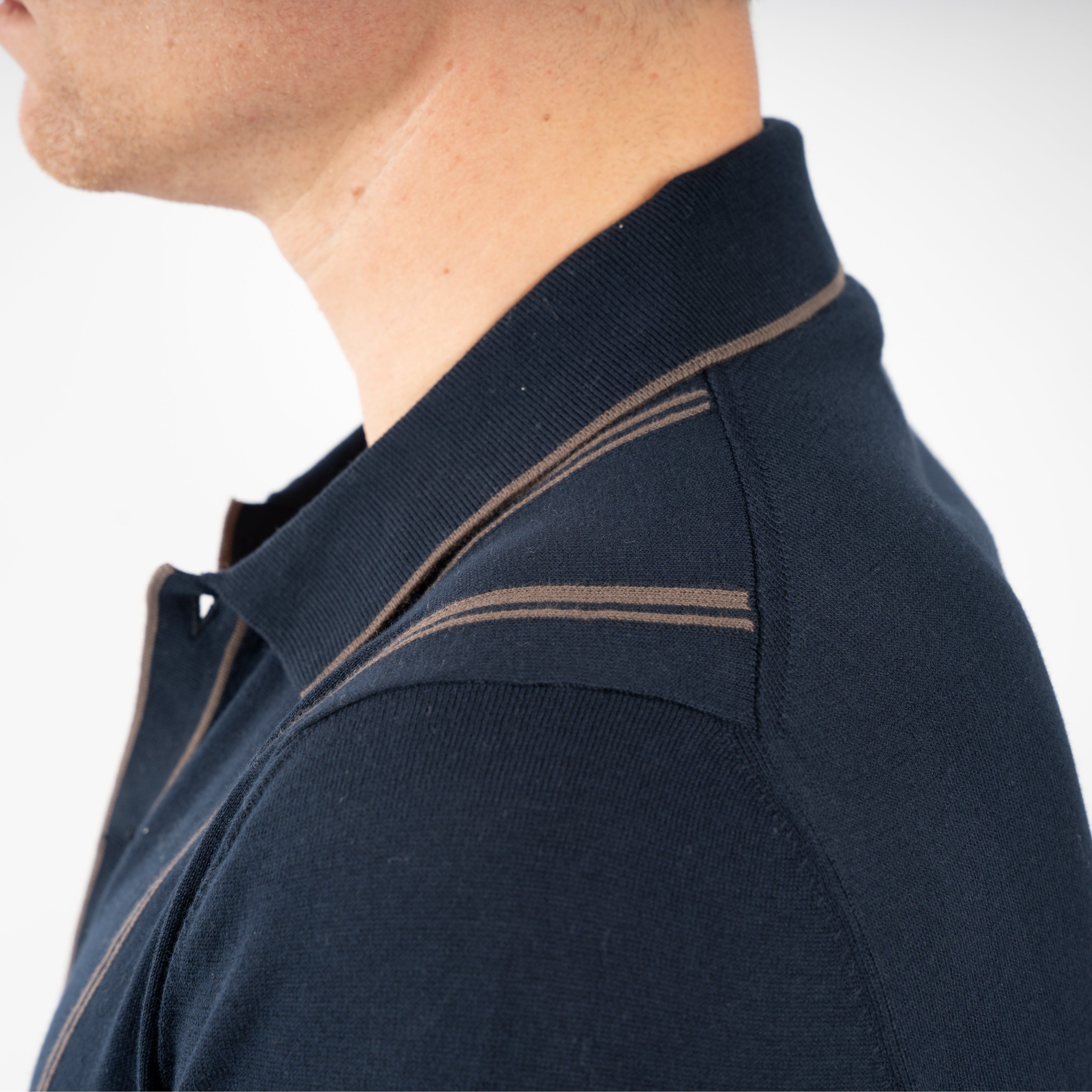 Gran Sasso Gebreide Doorknoop Polo Blauw met Bruine Streep | Organic Cotton