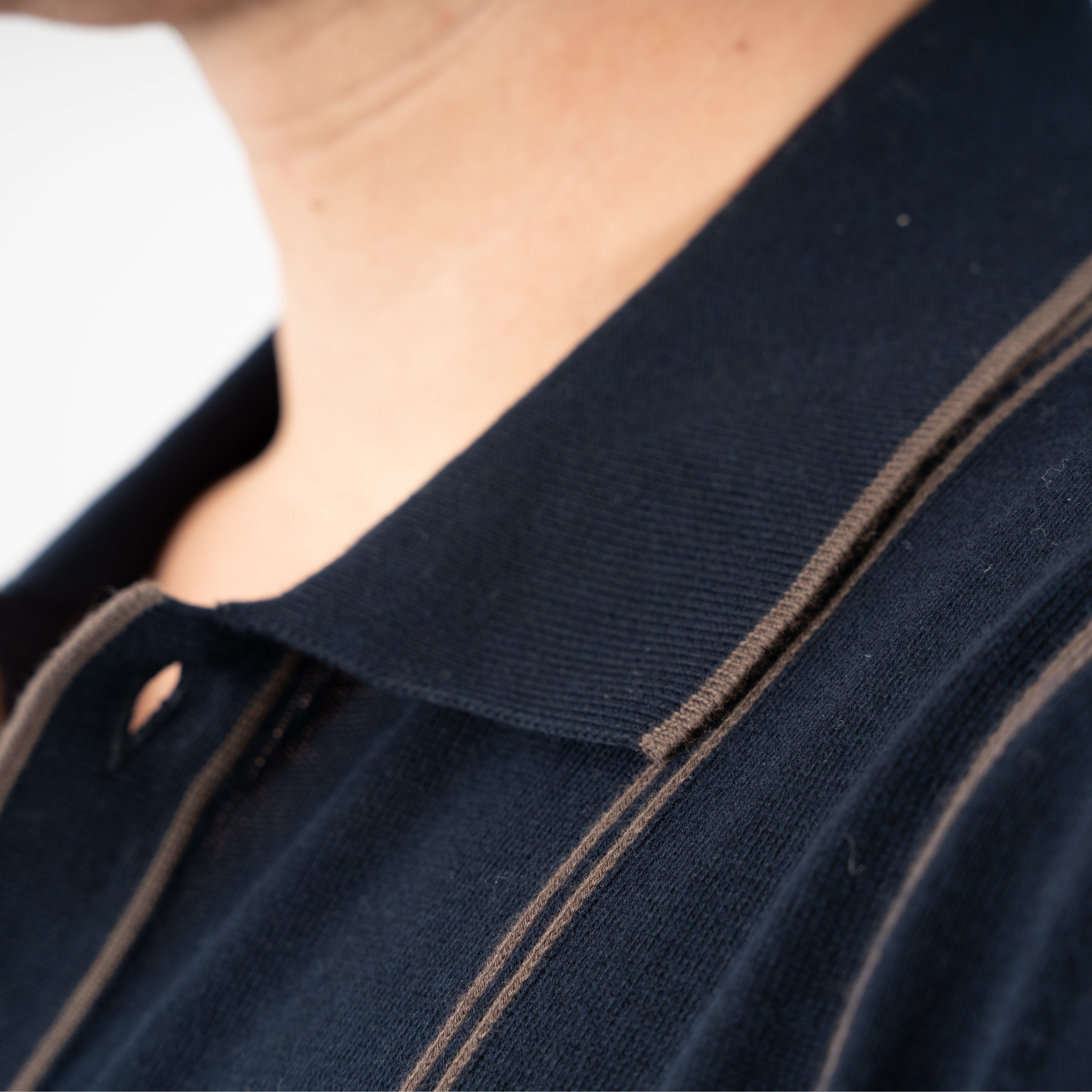 Gran Sasso Gebreide Doorknoop Polo Blauw met Bruine Streep | Organic Cotton