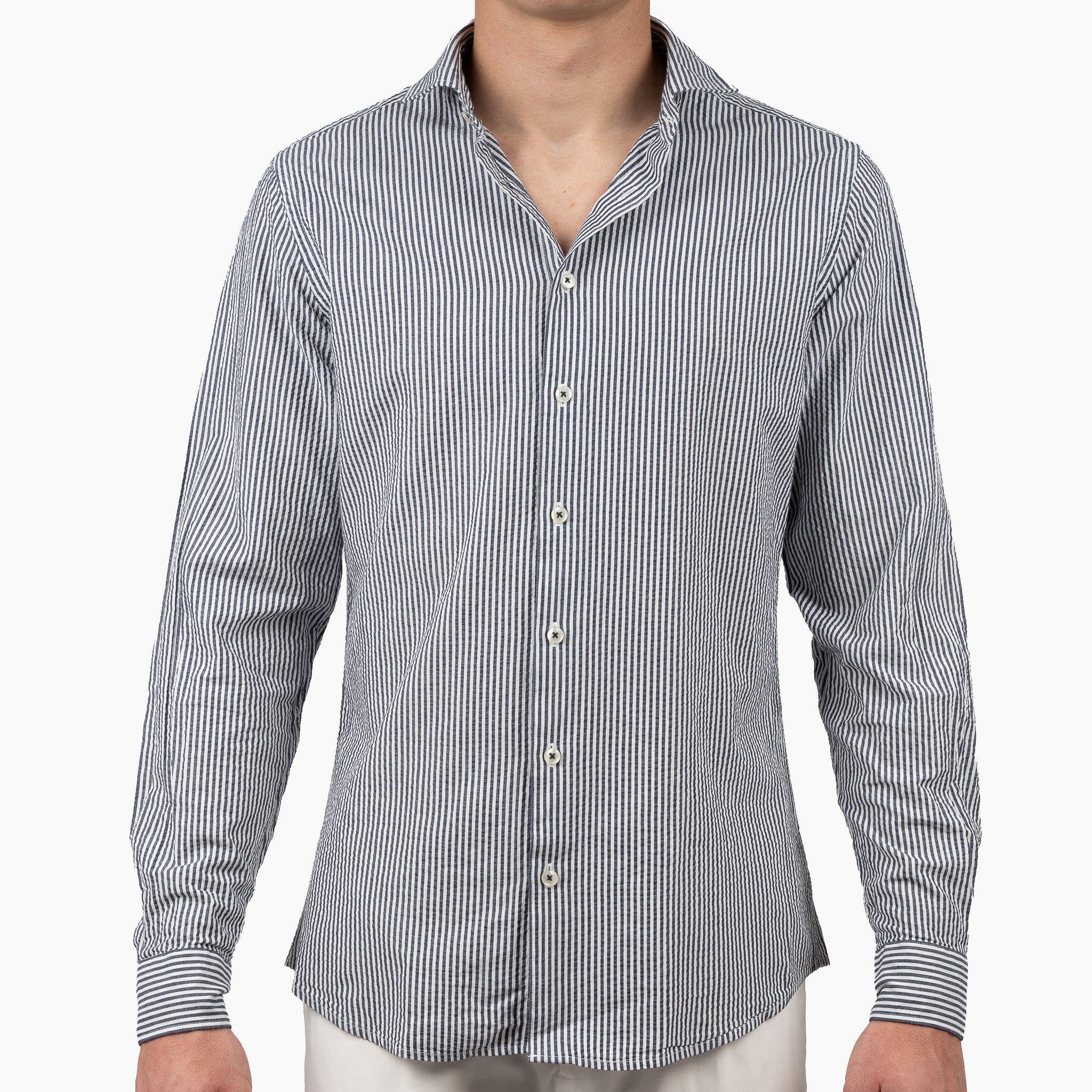 SEVEN DIALS Seersucker Overhemd Blauw Gestreept | Jace