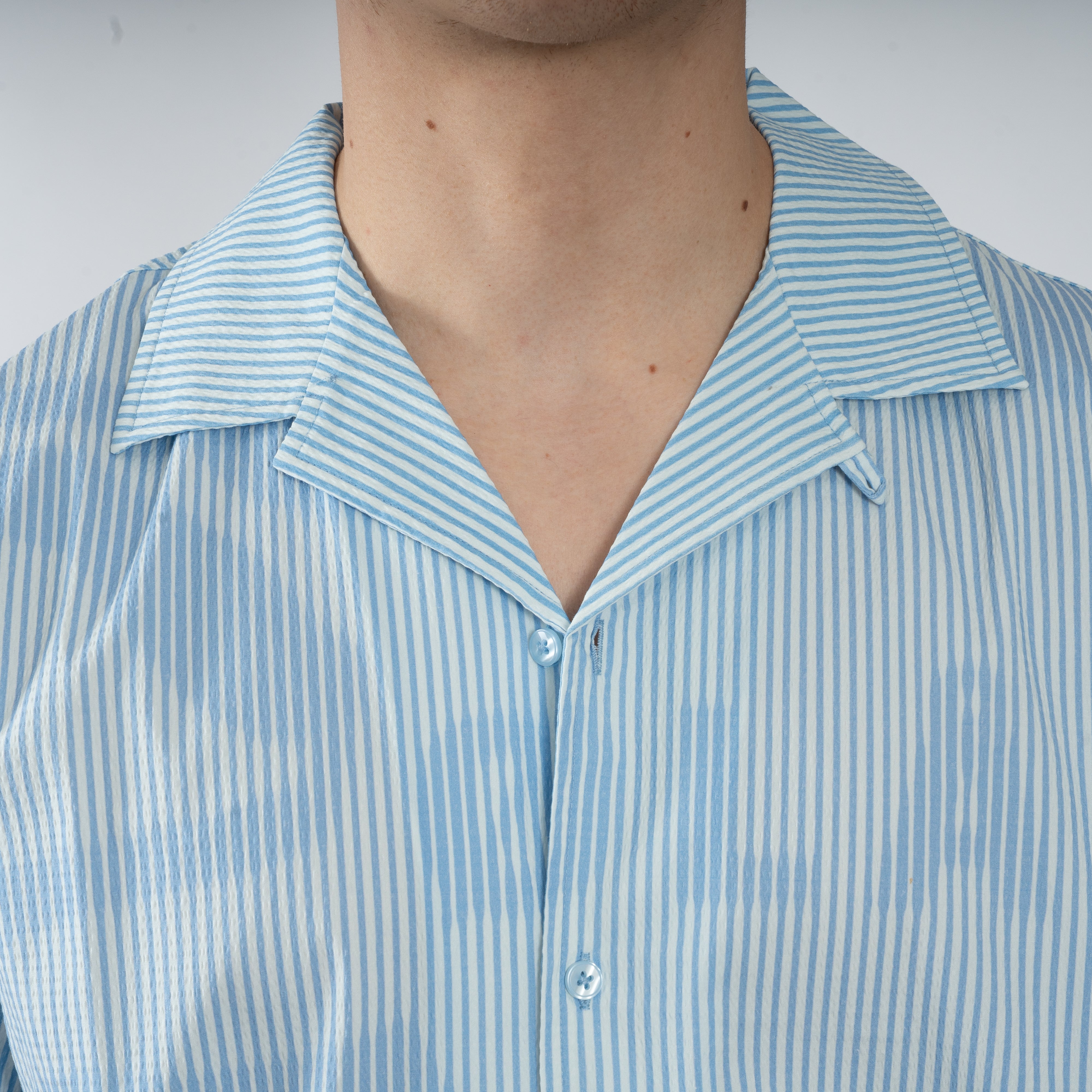 Olaf Korte Mouwen Overhemd Lichtblauw | STRIPE SUN AOP CAMP SHIRT