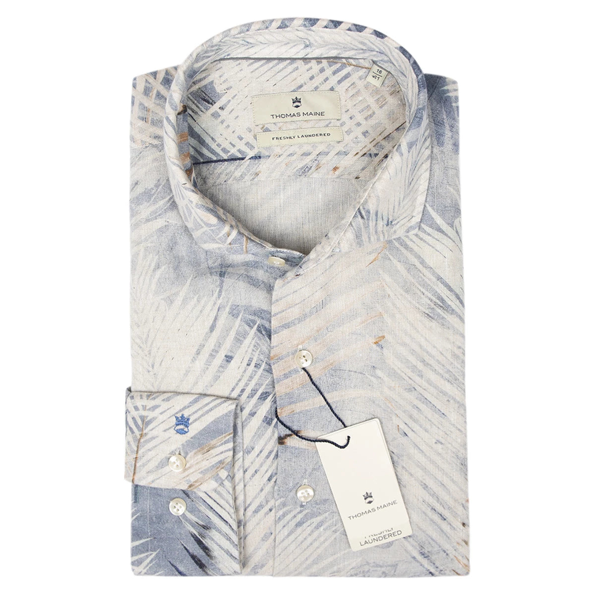 Thomas Maine Linnen Overhemd tailored fit beige/blauw
