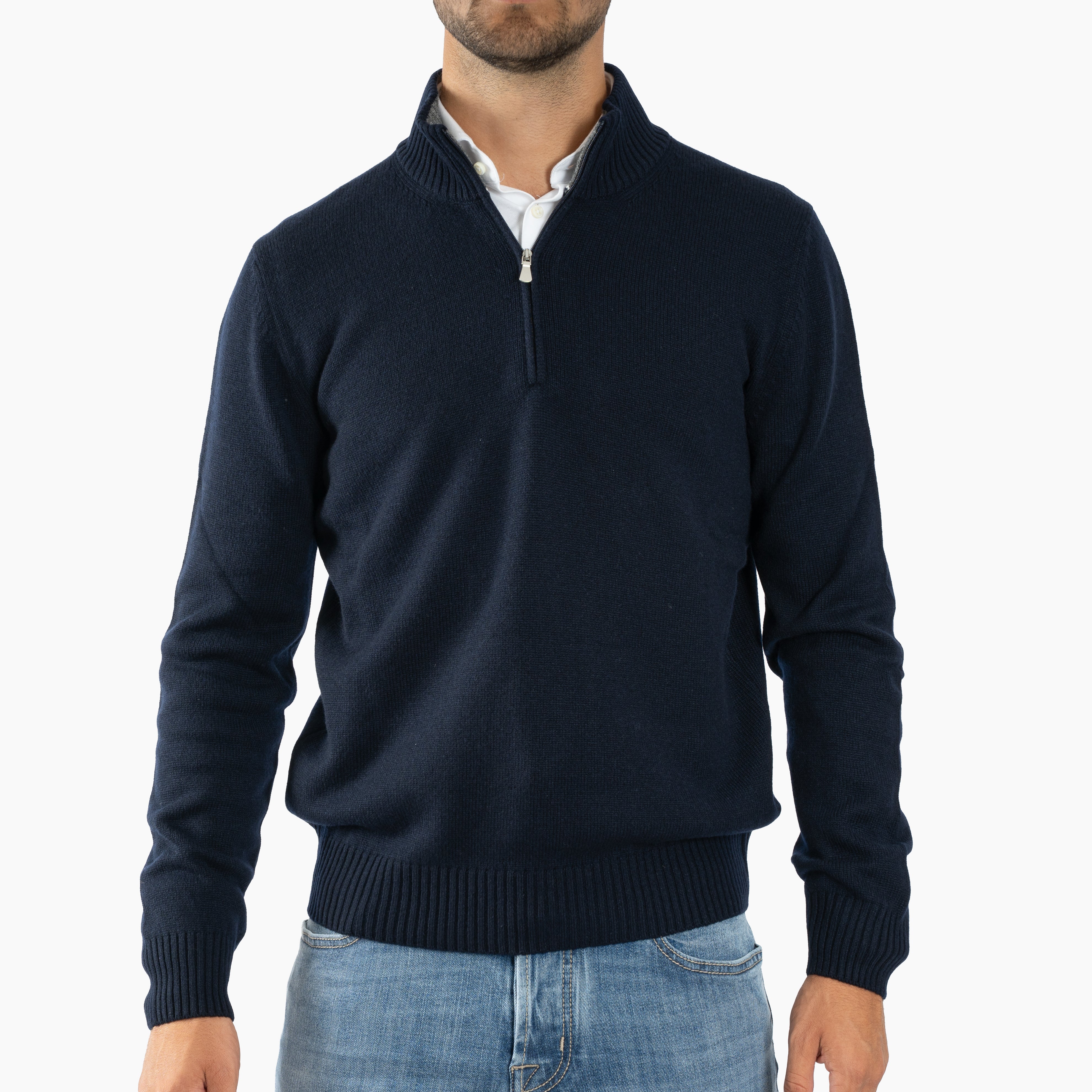 Gran Sasso Gebreide Trui met Rits Donkerblauw | Cashmere Blend