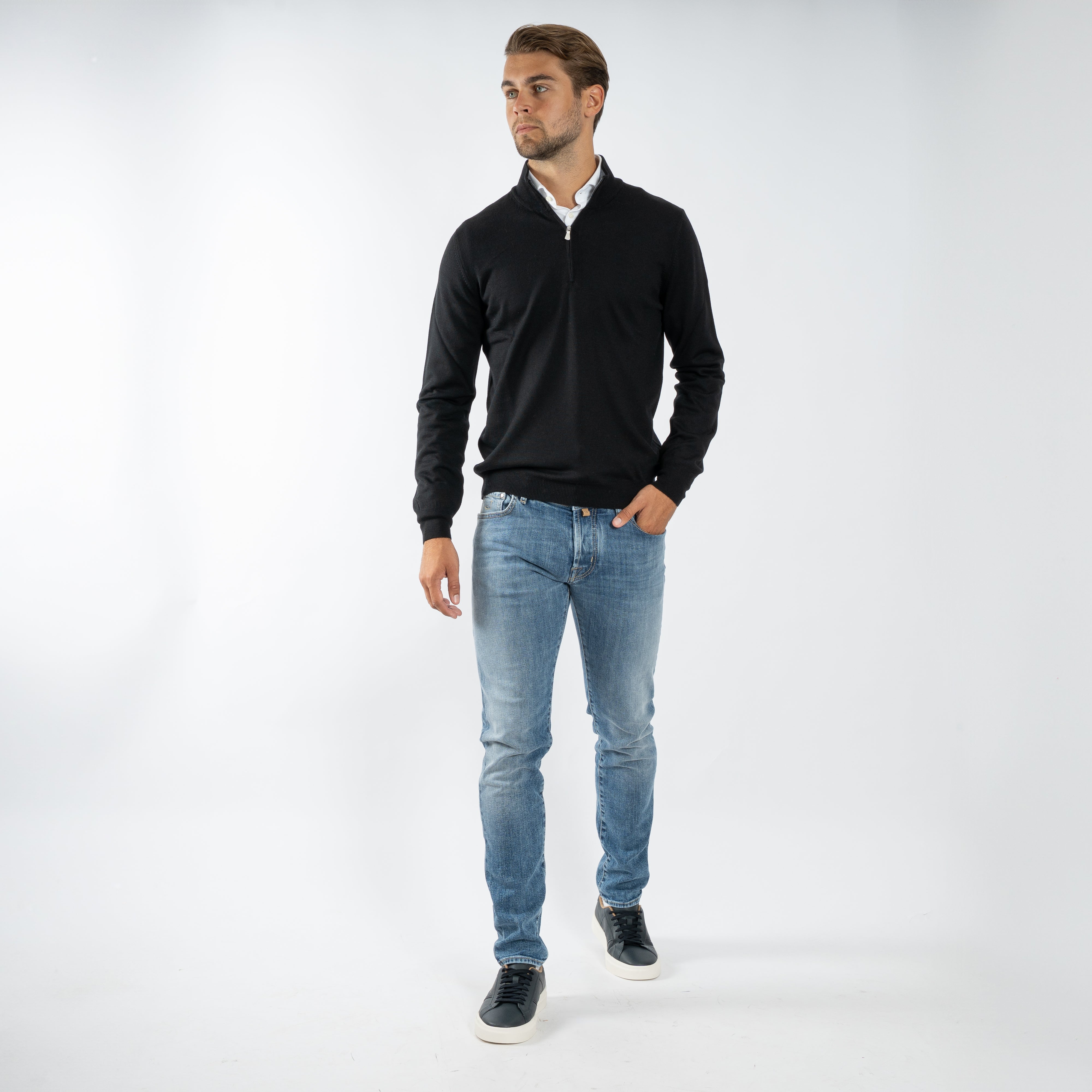 Gran Sasso Gebreide Trui met Rits Zwart | Extrafine Merino