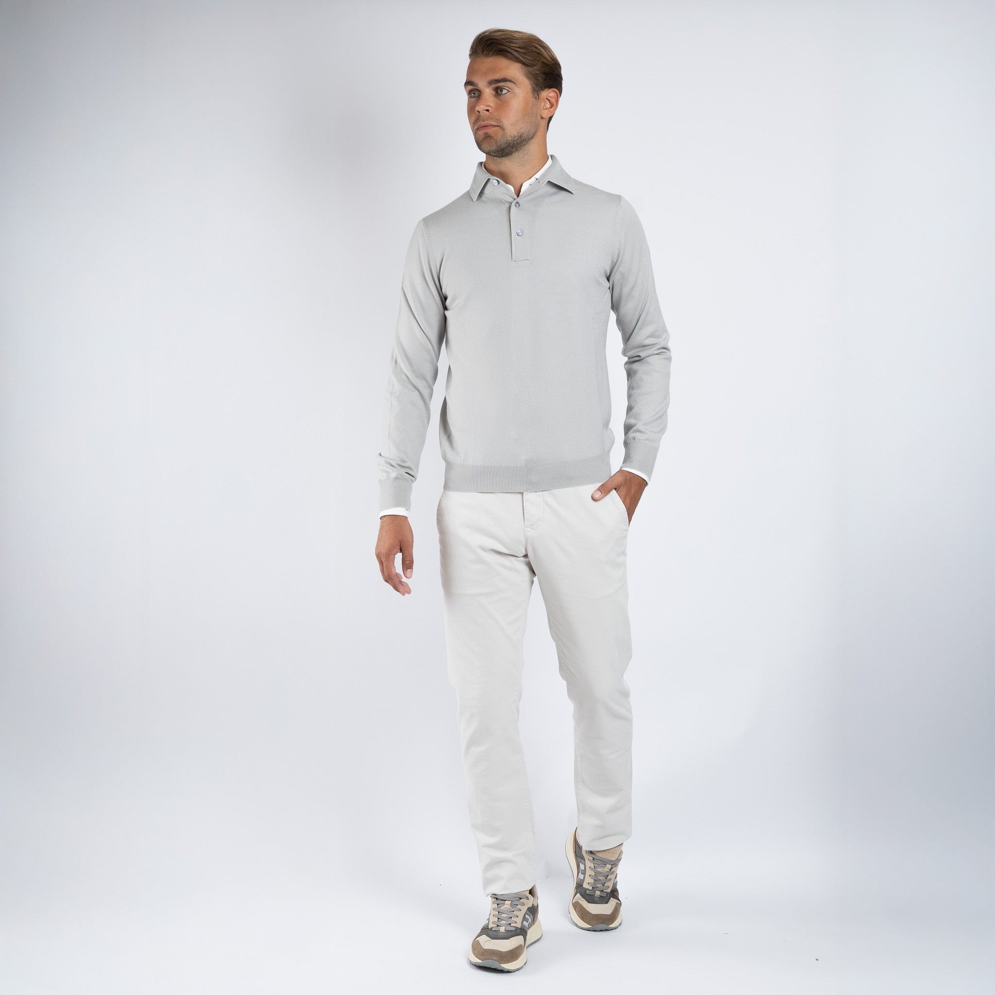 Gran Sasso Gebreide Polo Lange Mouwen Kitwit | Extrafine Merino