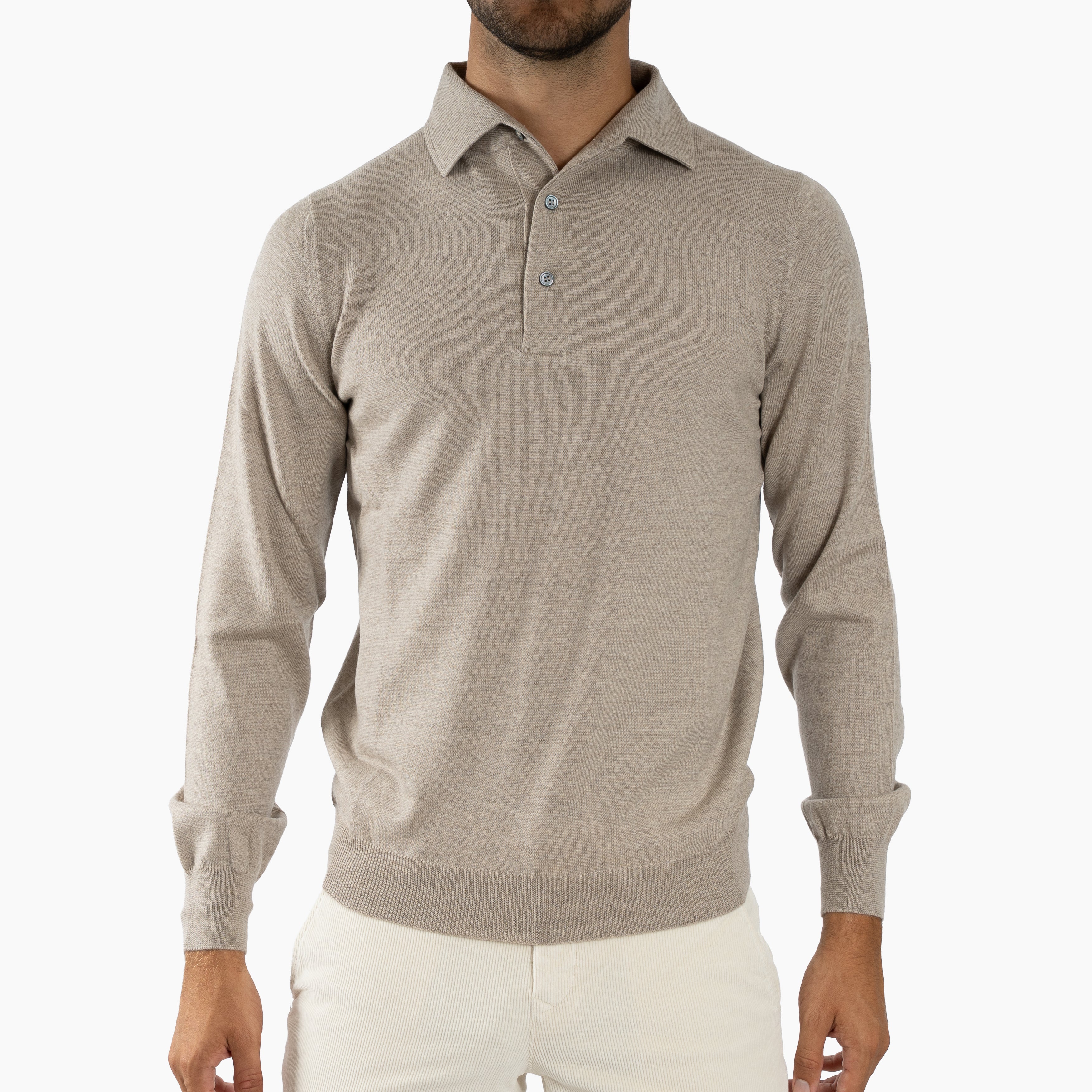 Gran Sasso Gebreide Polo Lange Mouw Beige | Extrafine Merino