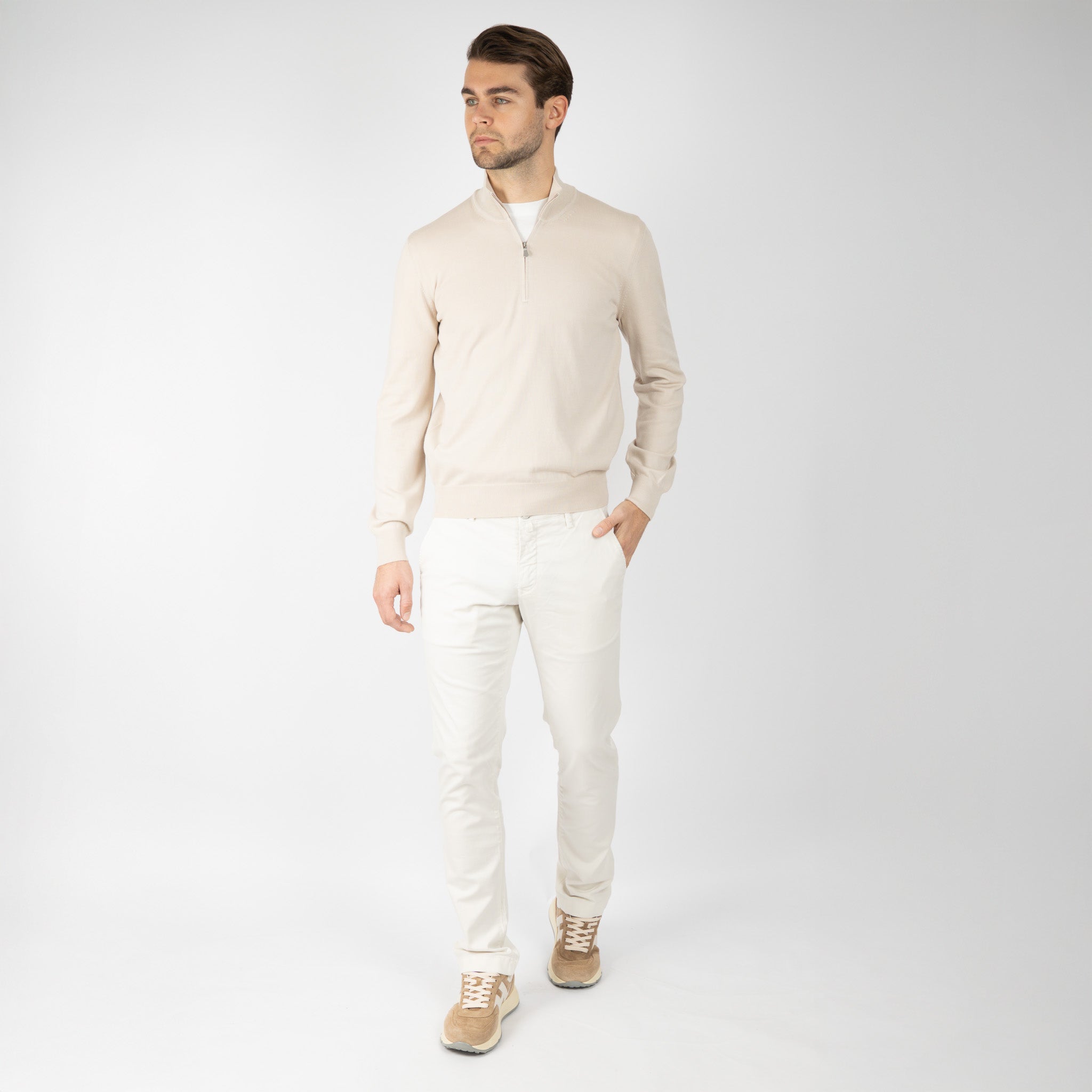 Gran Sasso Gebreide Trui met Rits Beige | Egyptian Cotton