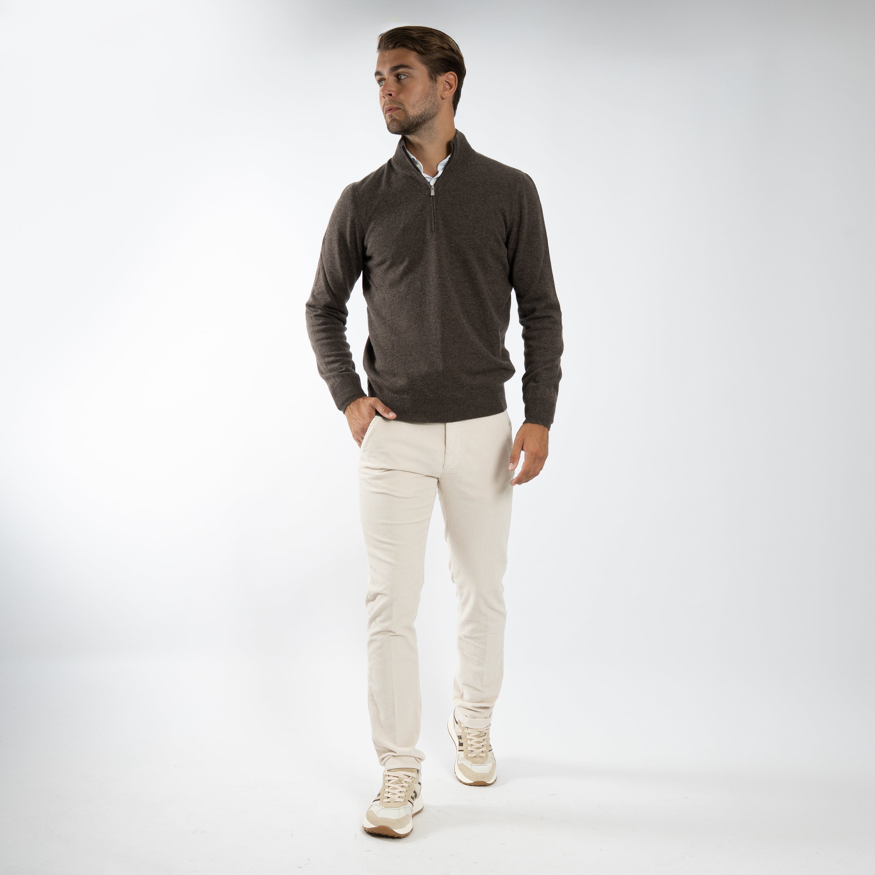 Gran Sasso Gebreide Trui met Rits Bruin | Cashmere Lana